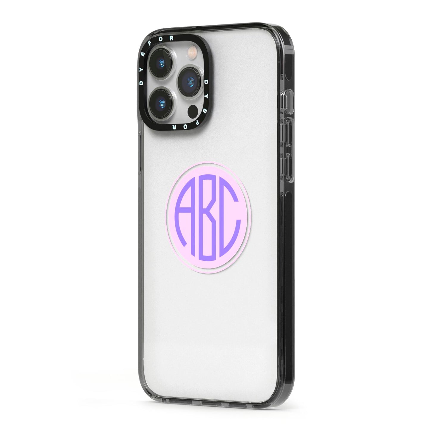 Personalised Monogram Initials Custom Clear iPhone 13 Pro Max Black Impact Case Side Angle on Silver phone