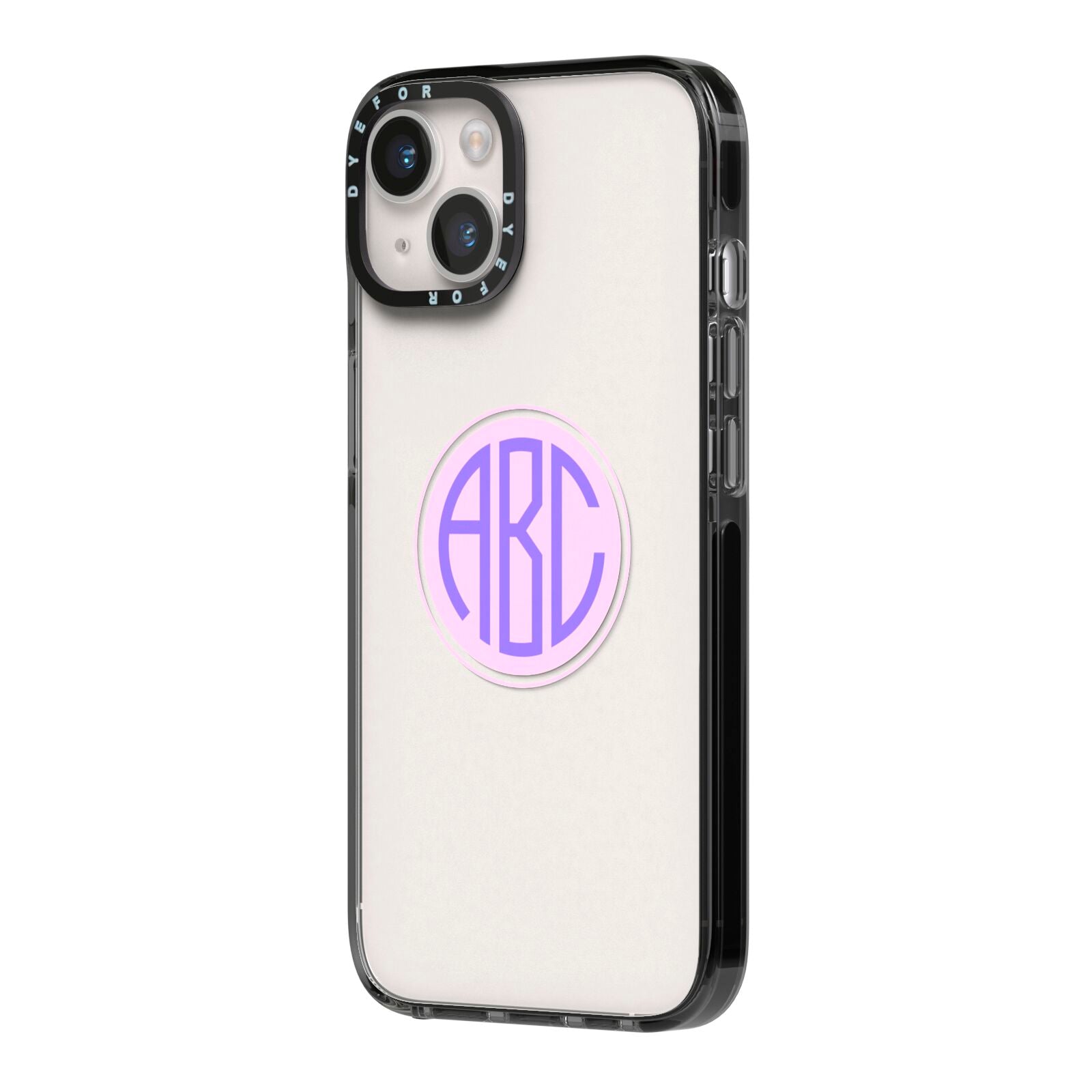 Personalised Monogram Initials Custom Clear iPhone 14 Black Impact Case Side Angle on Silver phone