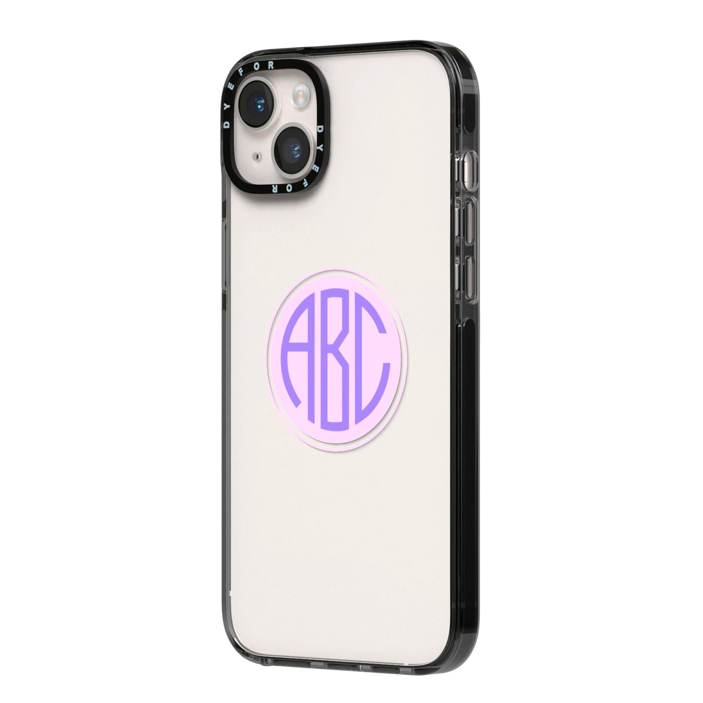 Personalised Monogram Initials Custom Clear iPhone 14 Plus Black Impact Case Side Angle on Silver phone