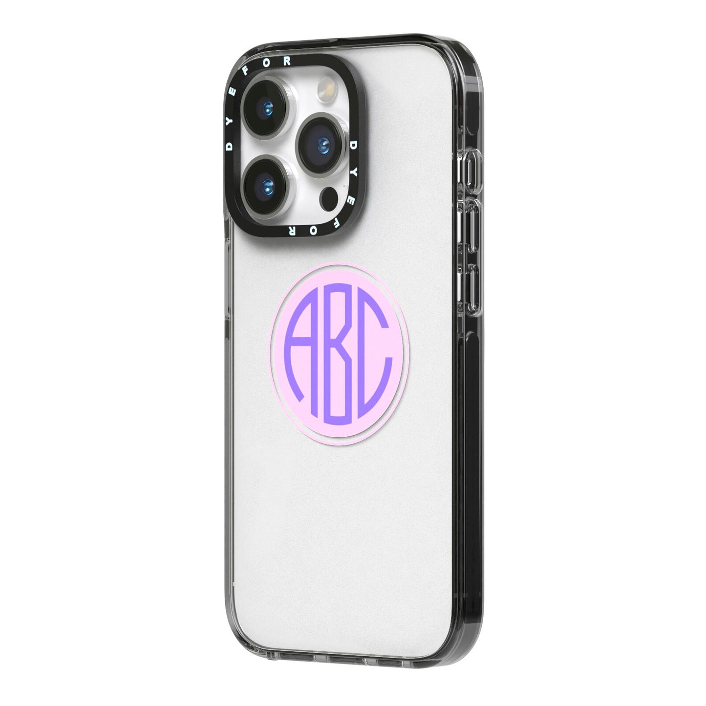 Personalised Monogram Initials Custom Clear iPhone 14 Pro Black Impact Case Side Angle on Silver phone