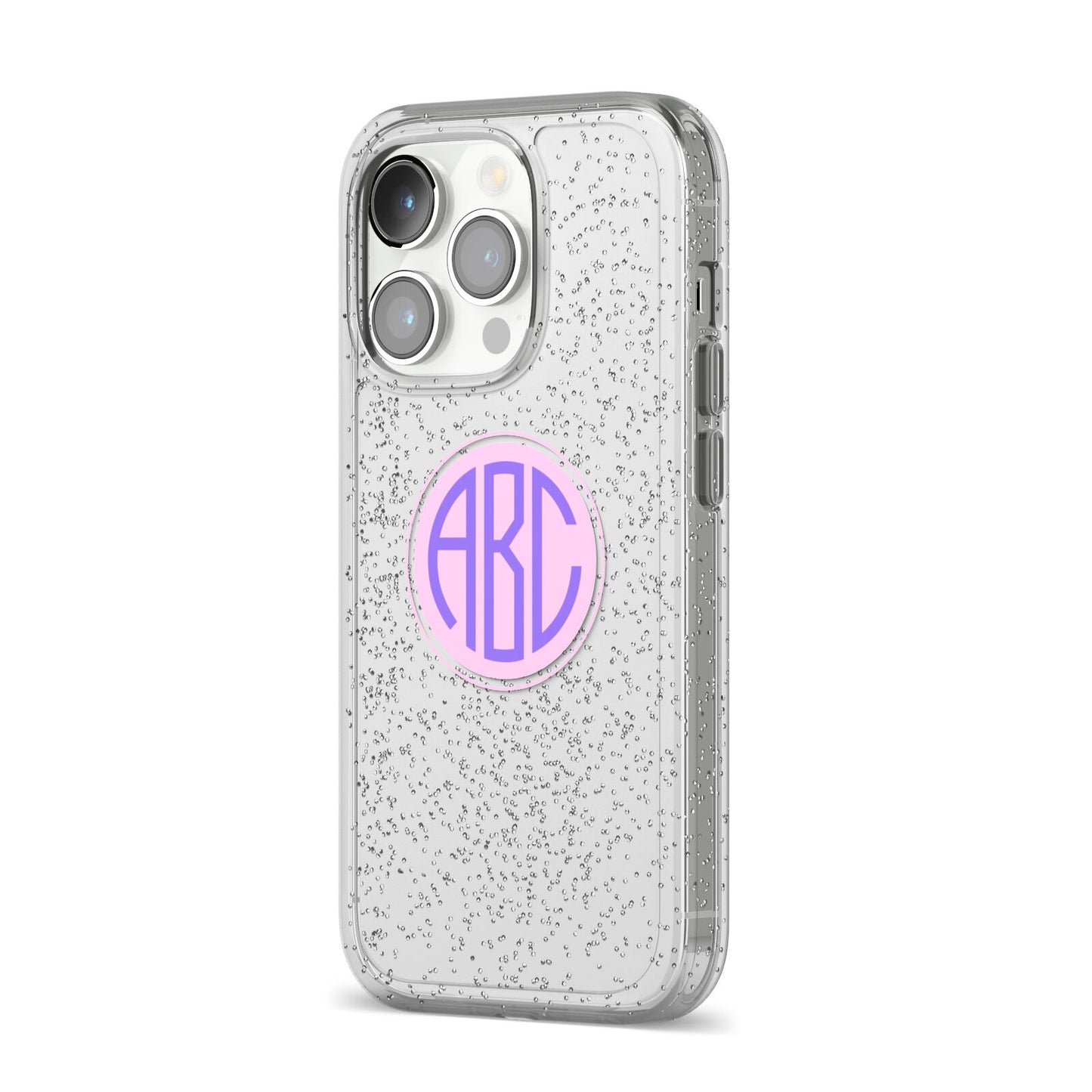 Personalised Monogram Initials Custom Clear iPhone 14 Pro Glitter Tough Case Silver Angled Image