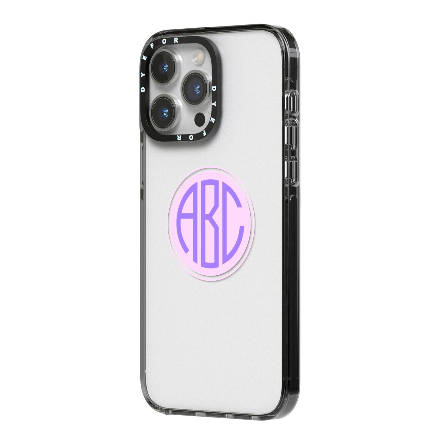 Personalised Monogram Initials Custom Clear iPhone 14 Pro Max Black Impact Case Side Angle on Silver phone