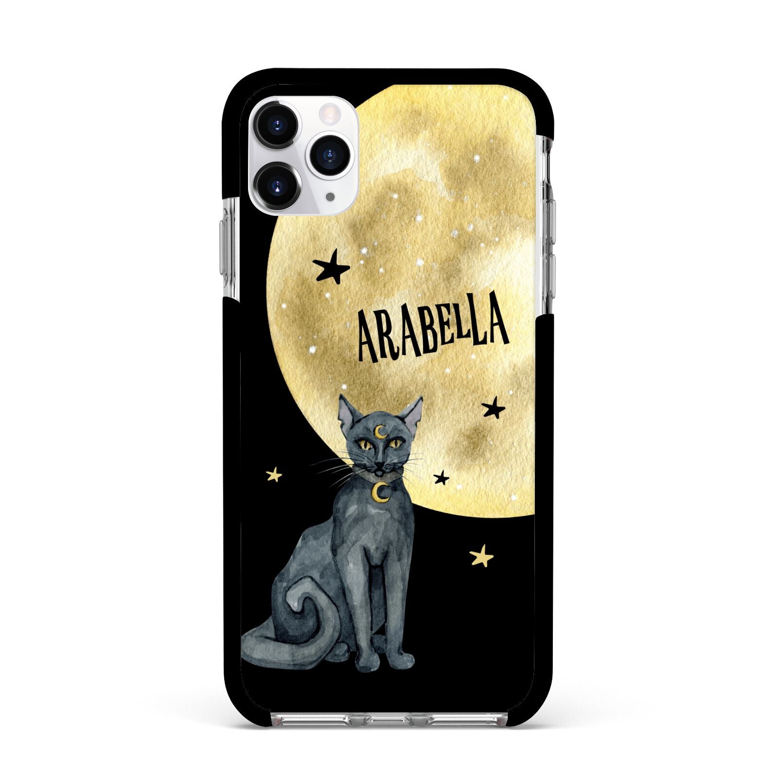 Personalised Moon Cat Halloween Apple iPhone 11 Pro Max in Silver with Black Impact Case