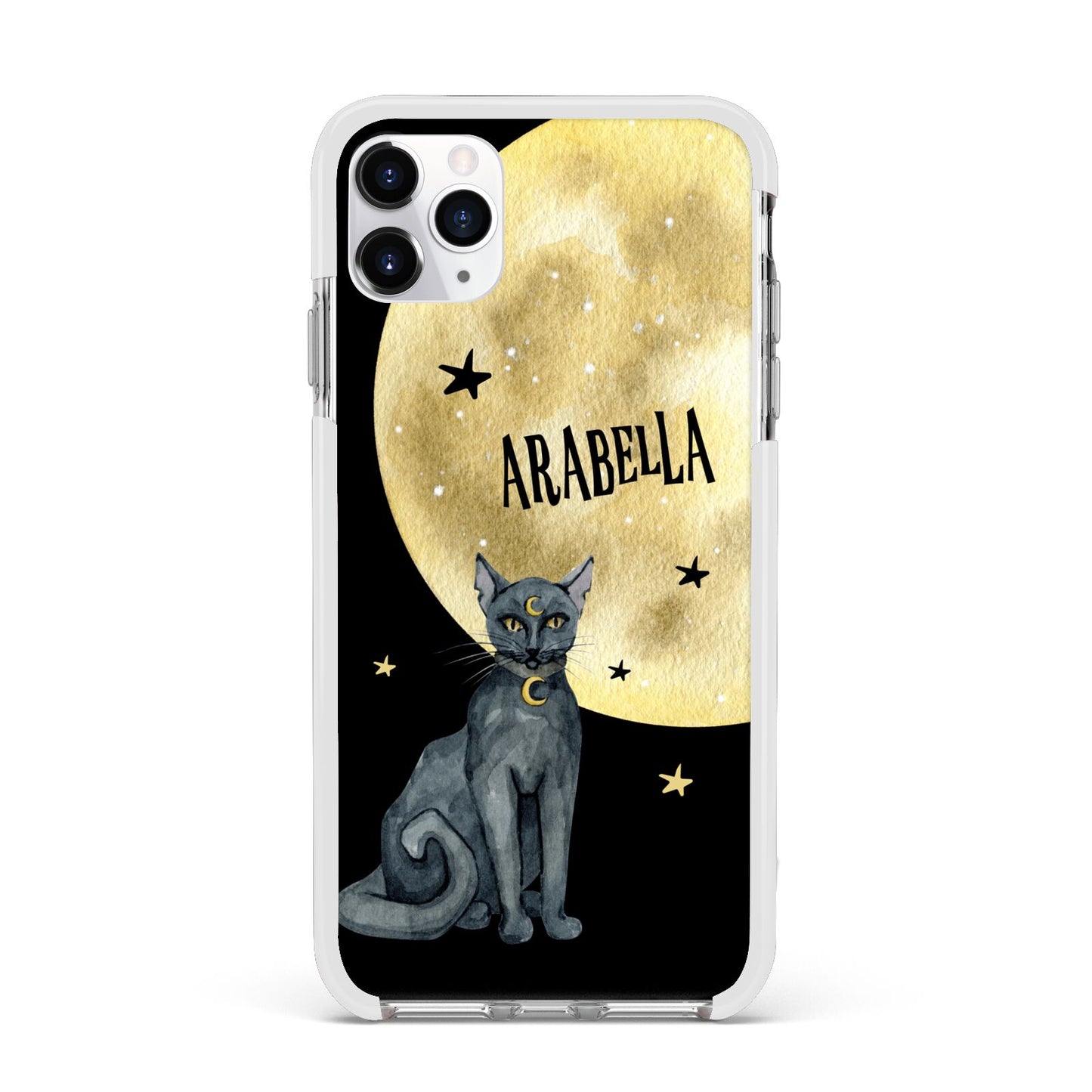 Personalised Moon Cat Halloween Apple iPhone 11 Pro Max in Silver with White Impact Case