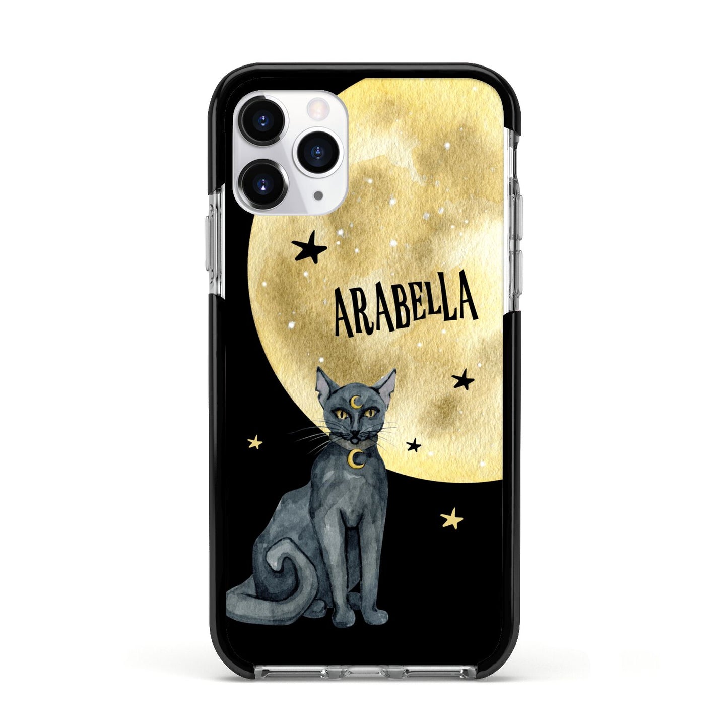 Personalised Moon Cat Halloween Apple iPhone 11 Pro in Silver with Black Impact Case