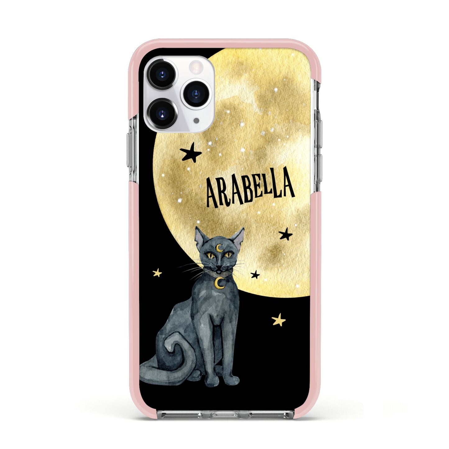 Personalised Moon Cat Halloween Apple iPhone 11 Pro in Silver with Pink Impact Case