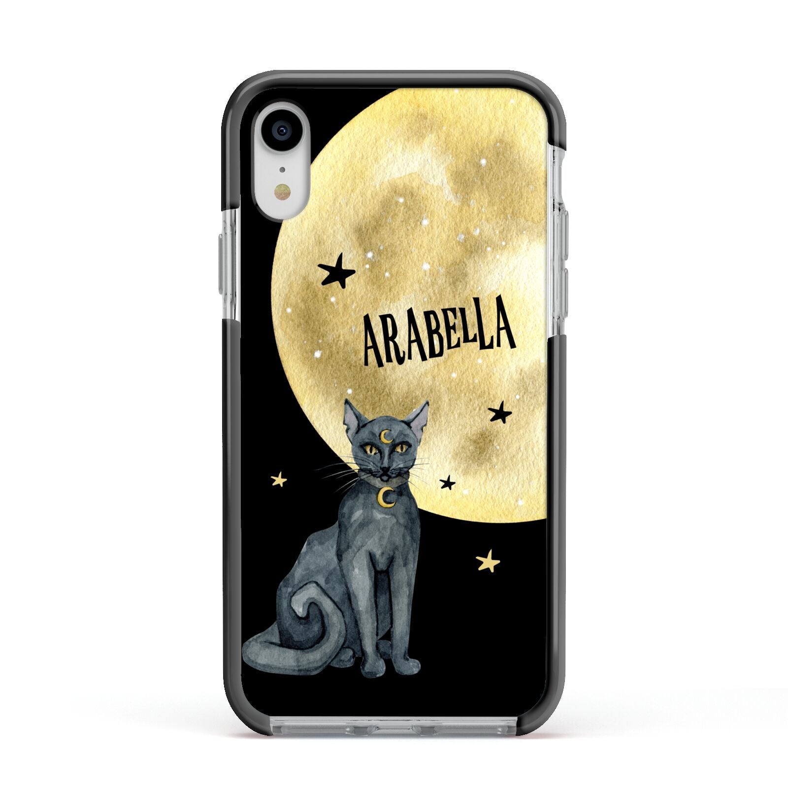 Personalised Moon Cat Halloween Apple iPhone XR Impact Case Black Edge on Silver Phone