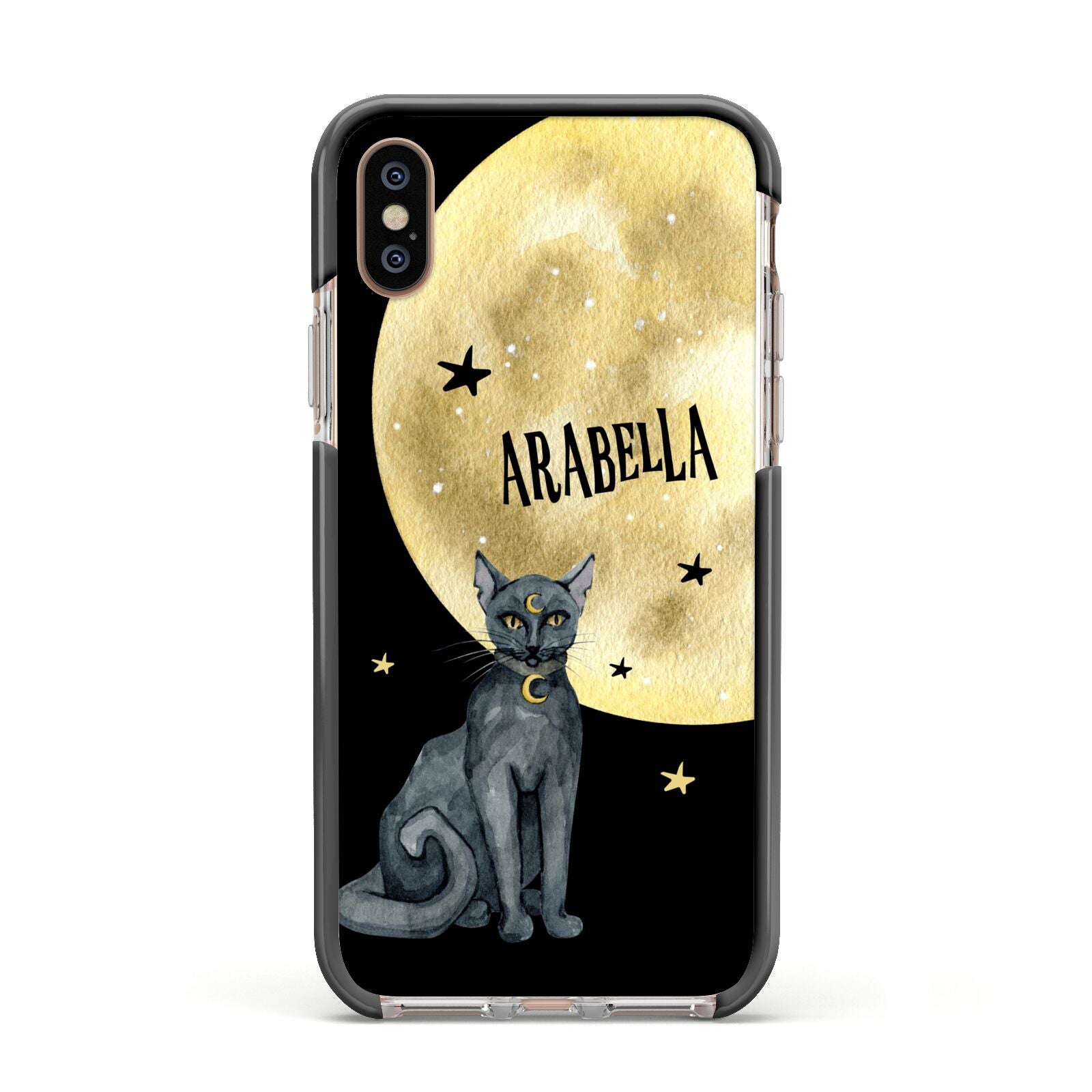 Personalised Moon Cat Halloween Apple iPhone Xs Impact Case Black Edge on Gold Phone