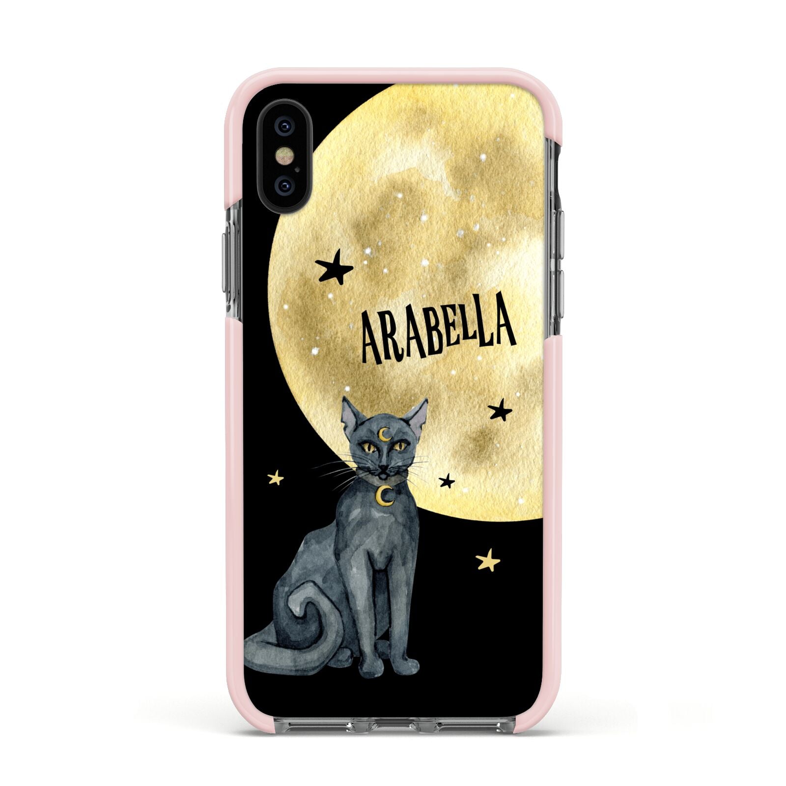 Personalised Moon Cat Halloween Apple iPhone Xs Impact Case Pink Edge on Black Phone