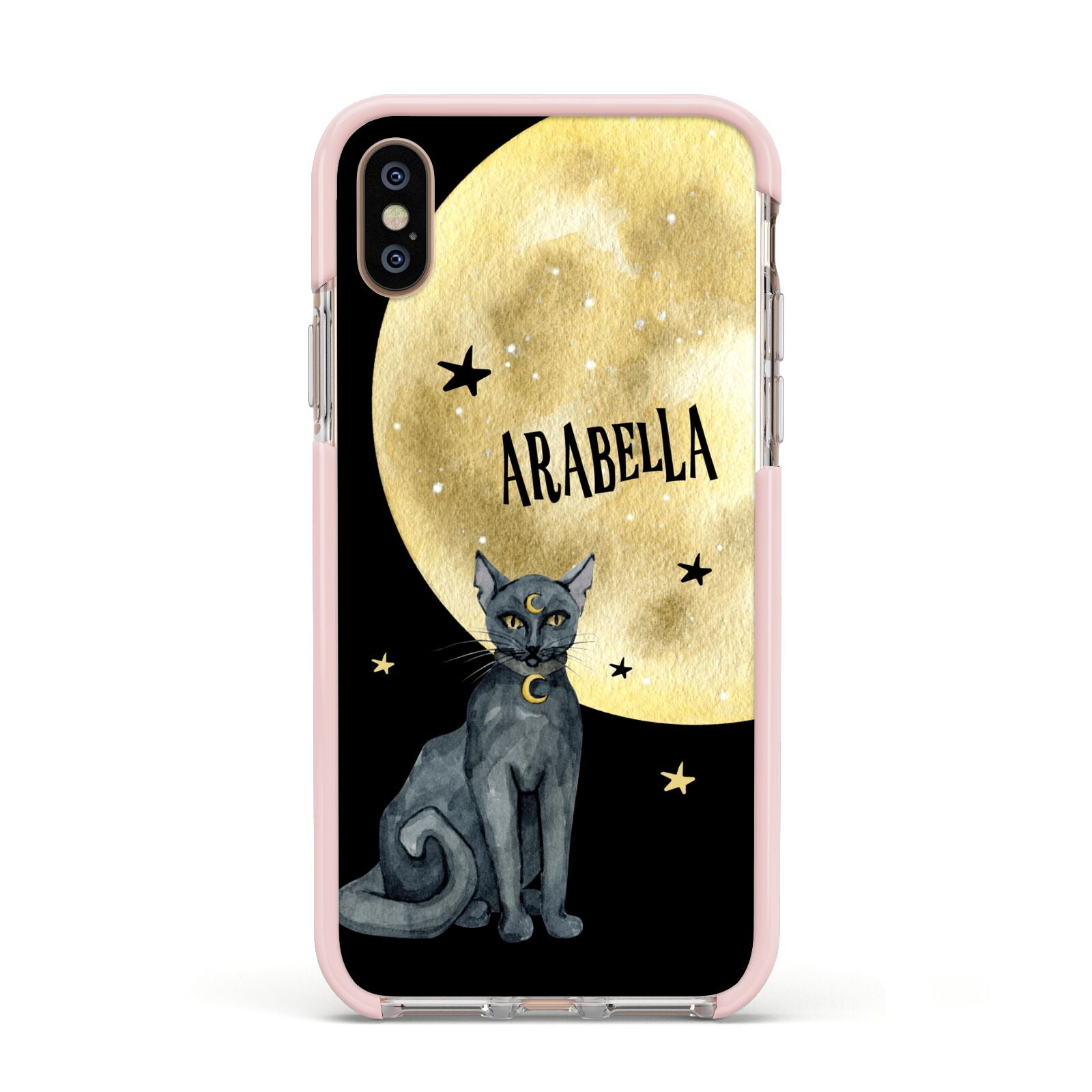 Personalised Moon Cat Halloween Apple iPhone Xs Impact Case Pink Edge on Gold Phone