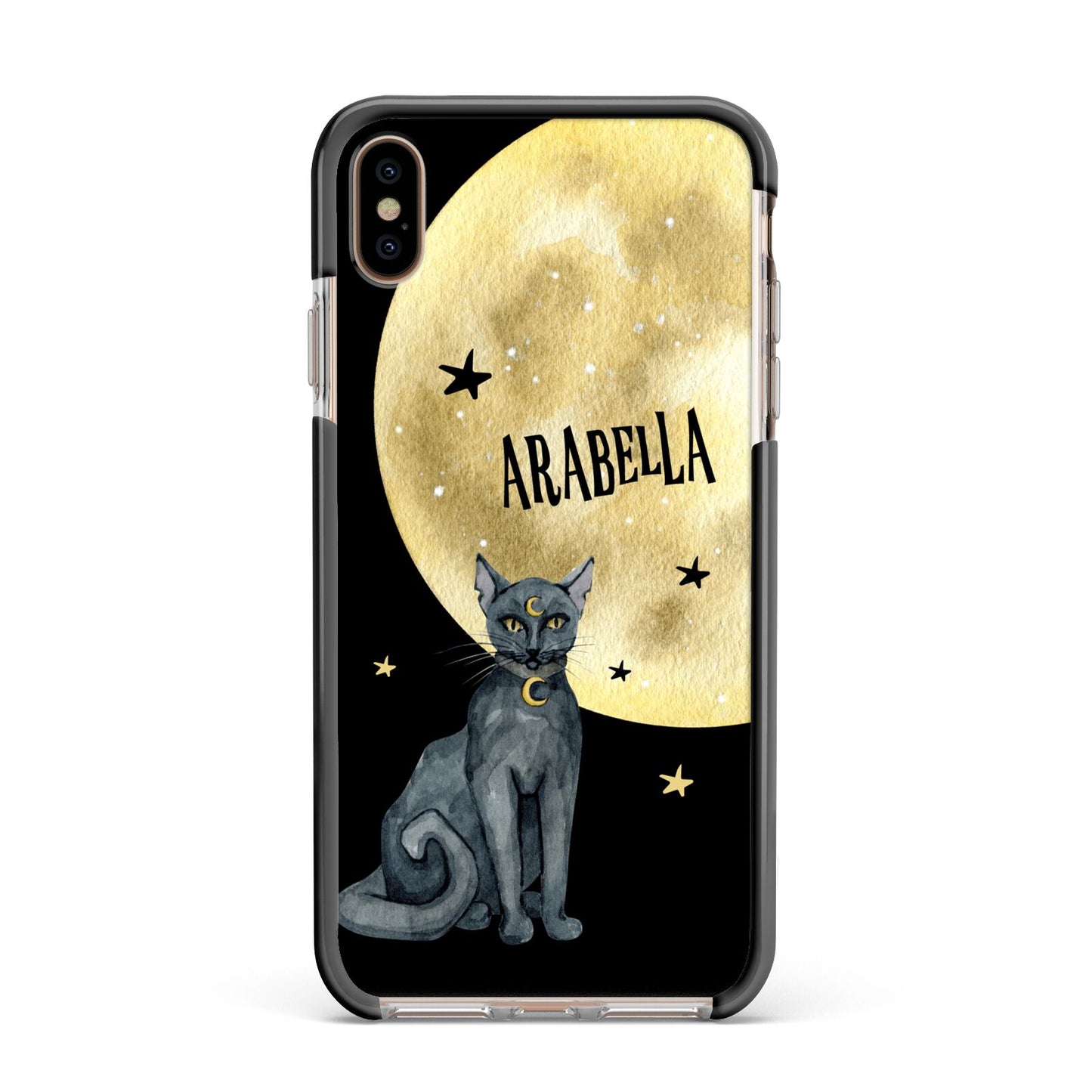 Personalised Moon Cat Halloween Apple iPhone Xs Max Impact Case Black Edge on Gold Phone