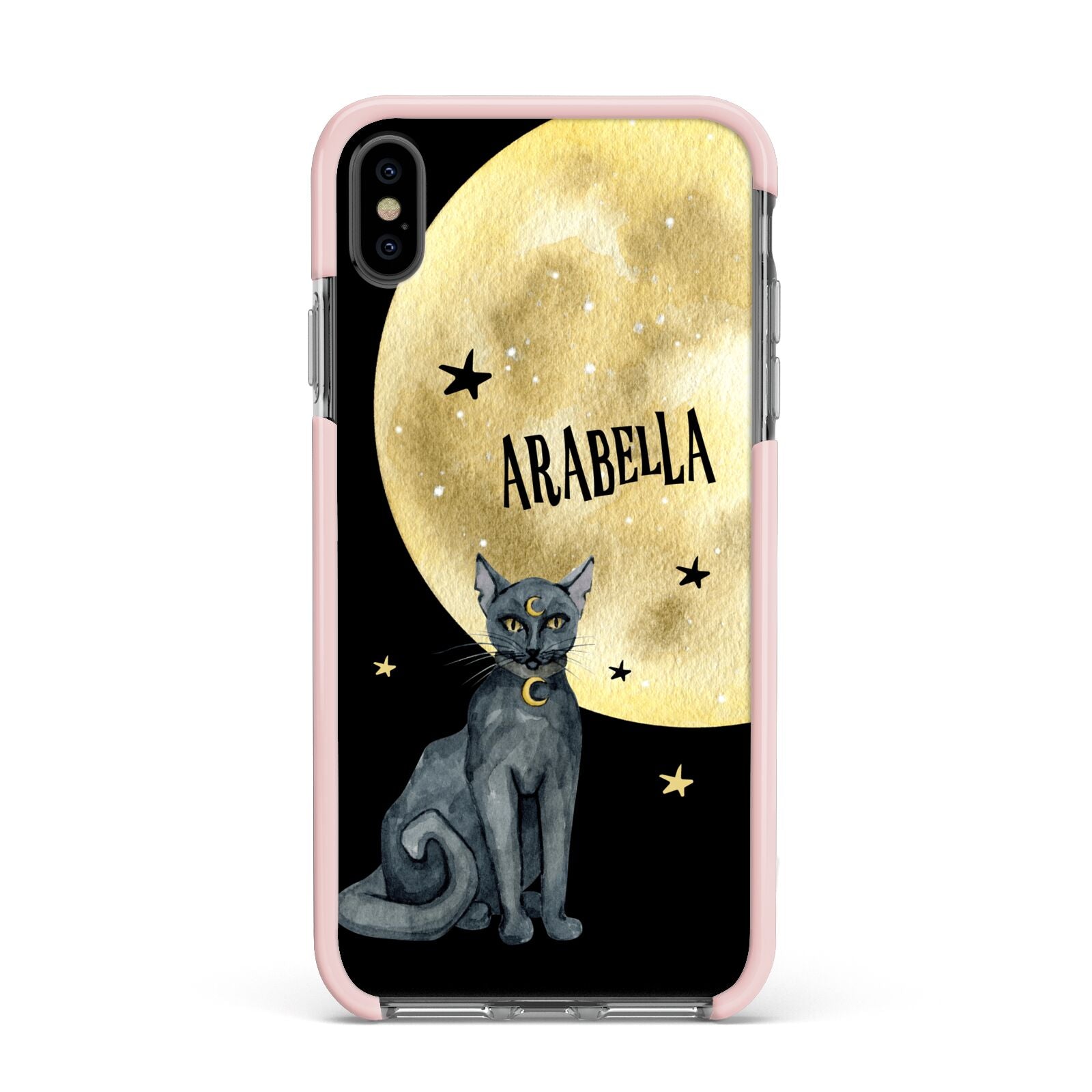 Personalised Moon Cat Halloween Apple iPhone Xs Max Impact Case Pink Edge on Black Phone