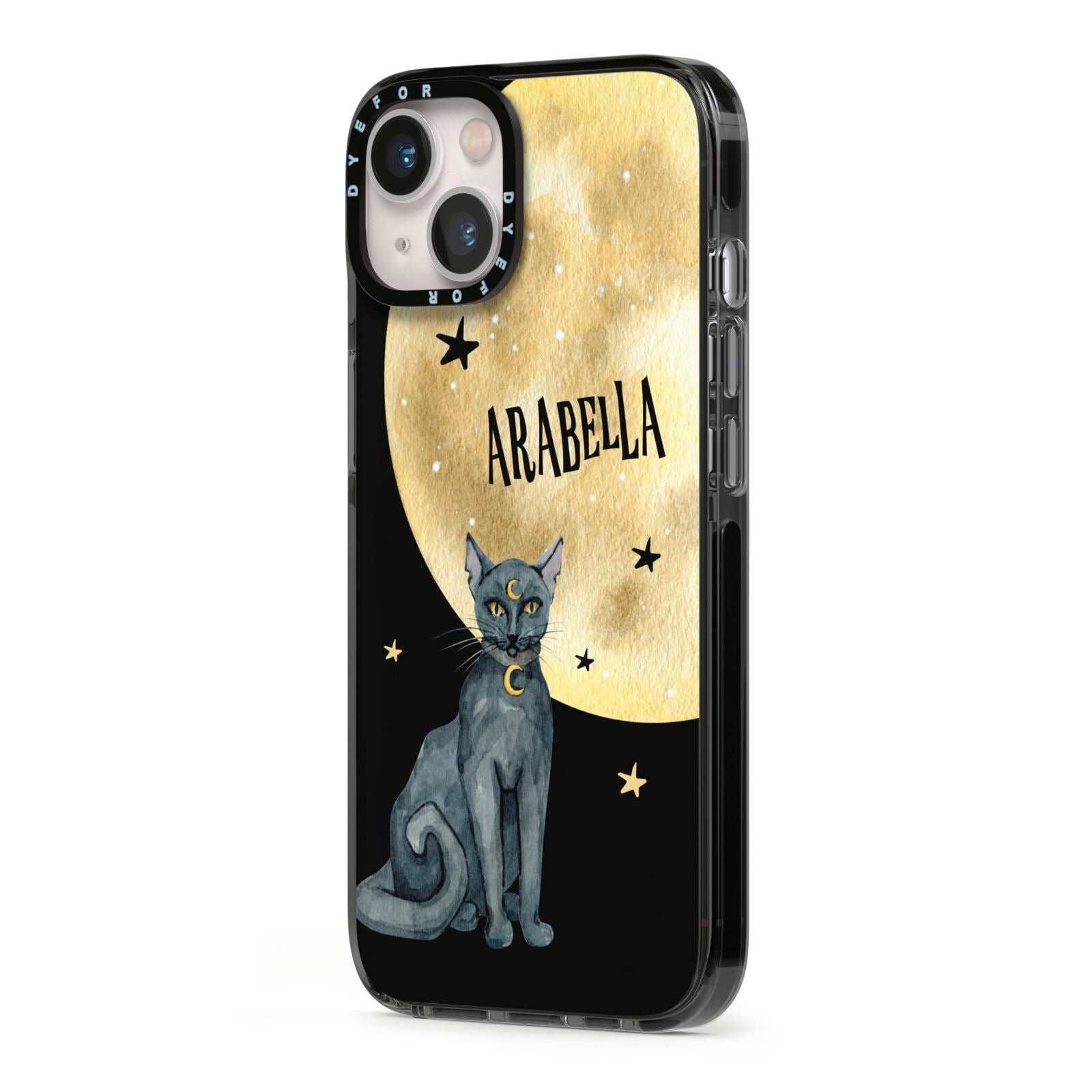 Personalised Moon Cat Halloween iPhone 13 Black Impact Case Side Angle on Silver phone