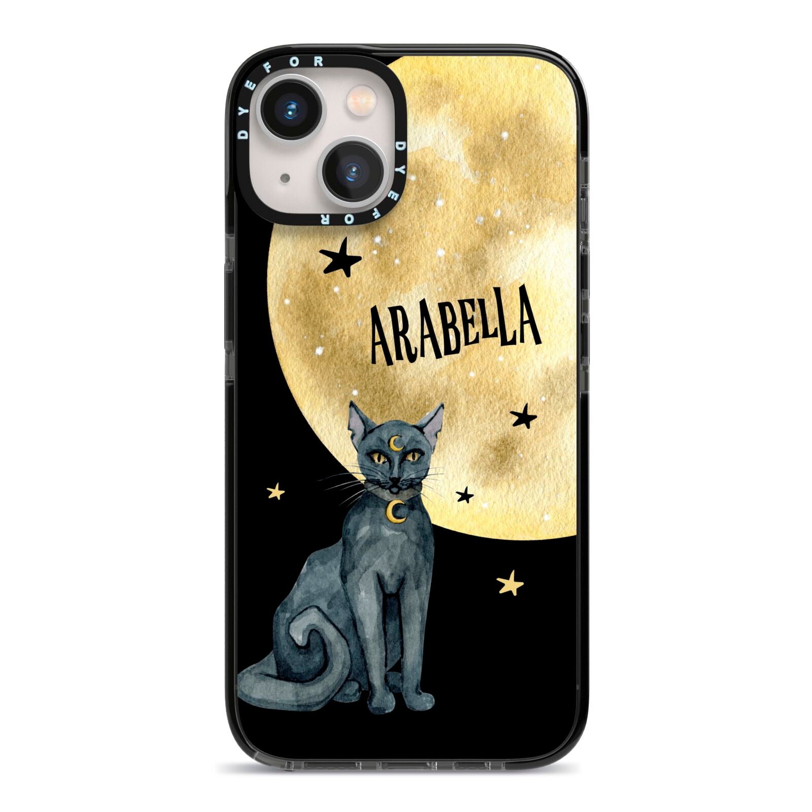 Personalised Moon Cat Halloween iPhone 13 Black Impact Case on Silver phone