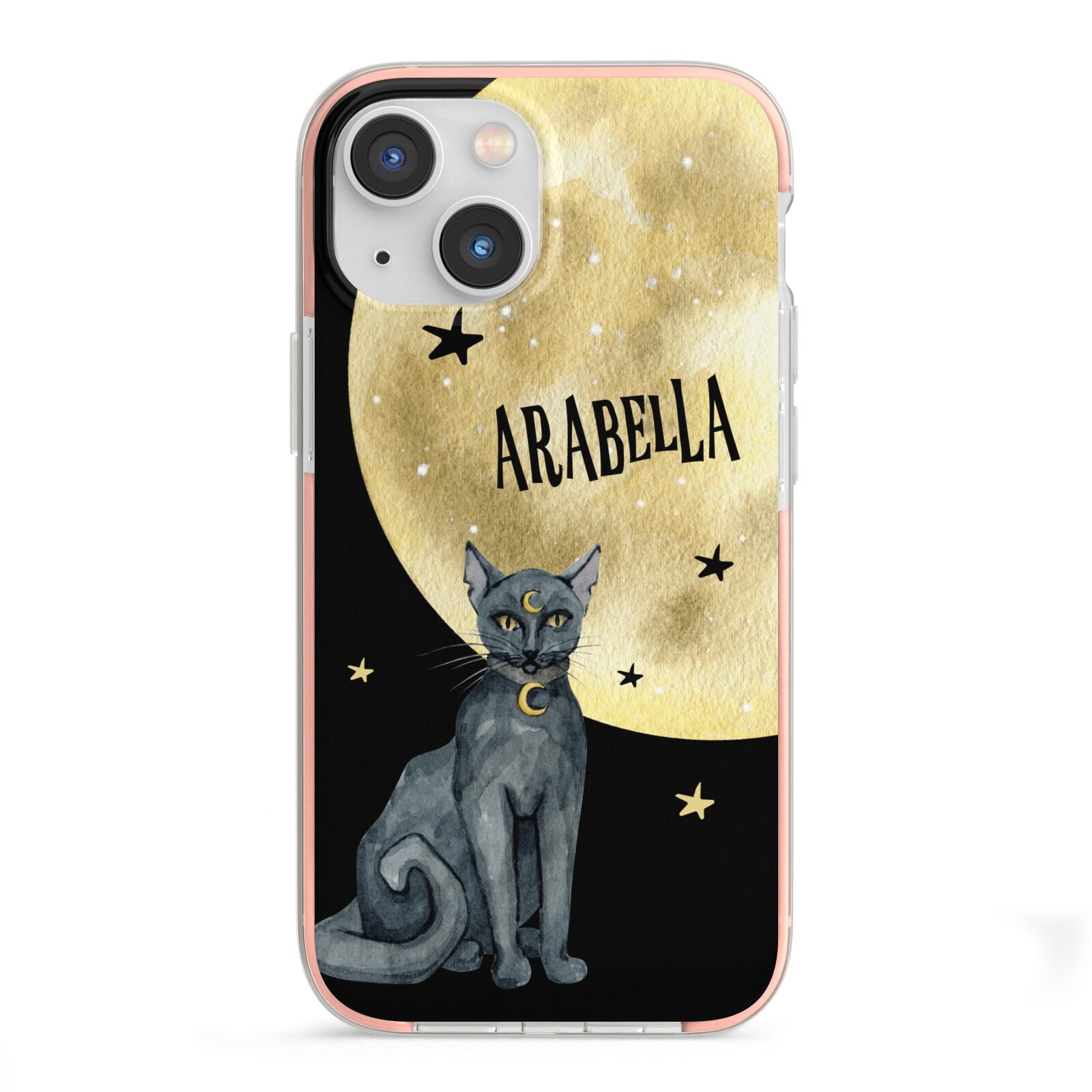 Personalised Moon Cat Halloween iPhone 13 Mini TPU Impact Case with Pink Edges