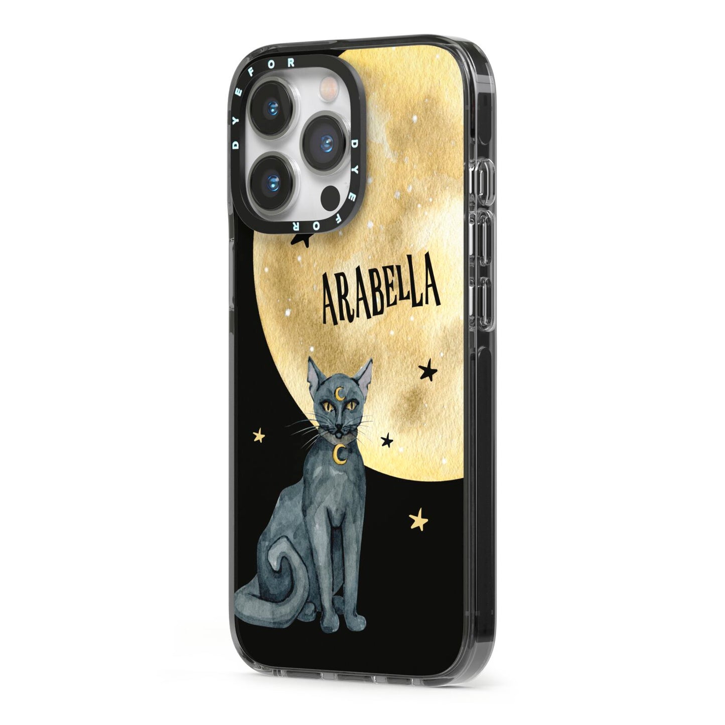 Personalised Moon Cat Halloween iPhone 13 Pro Black Impact Case Side Angle on Silver phone