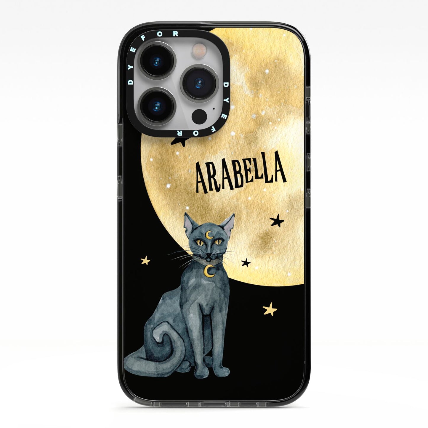 Personalised Moon Cat Halloween iPhone 13 Pro Black Impact Case on Silver phone