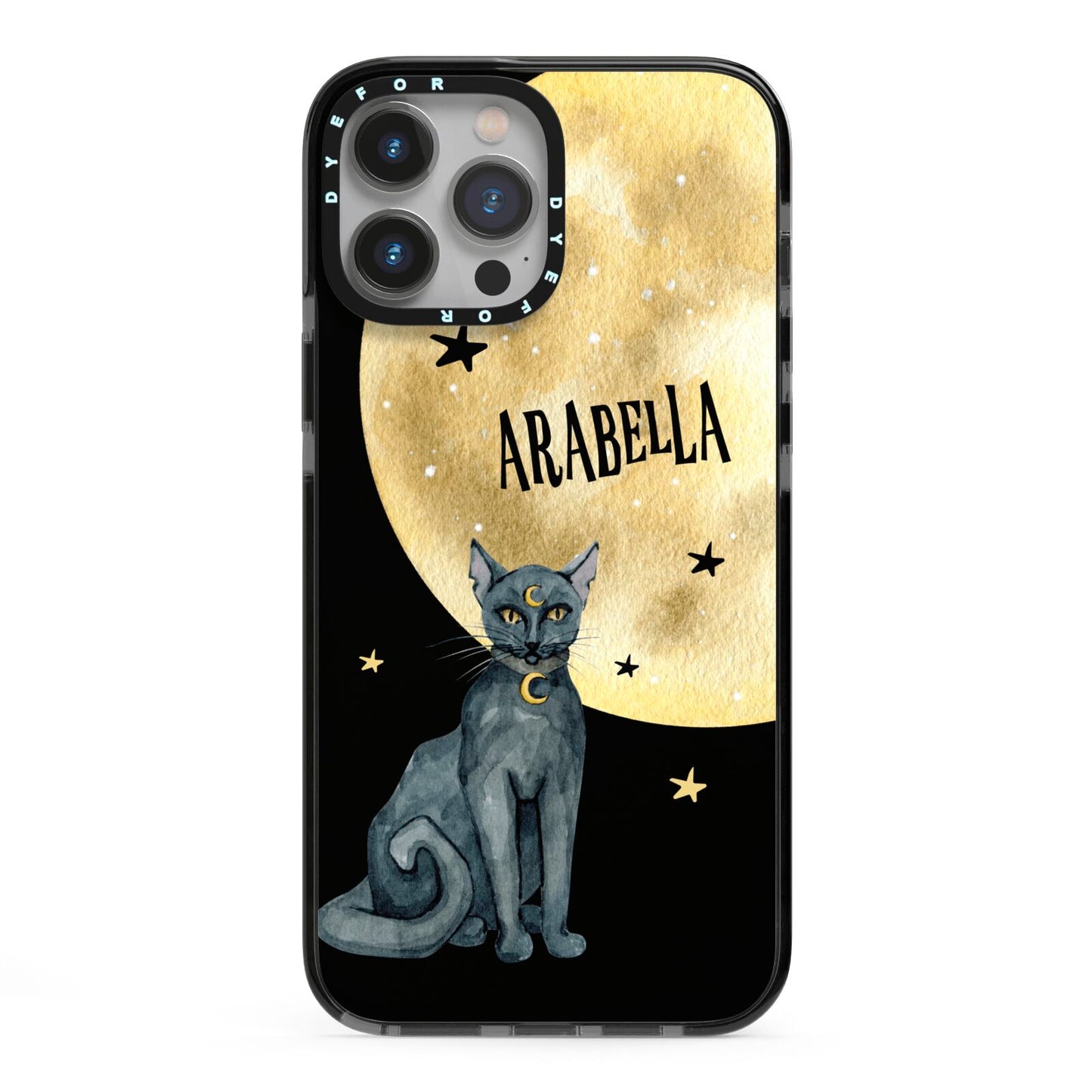 Personalised Moon Cat Halloween iPhone 13 Pro Max Black Impact Case on Silver phone