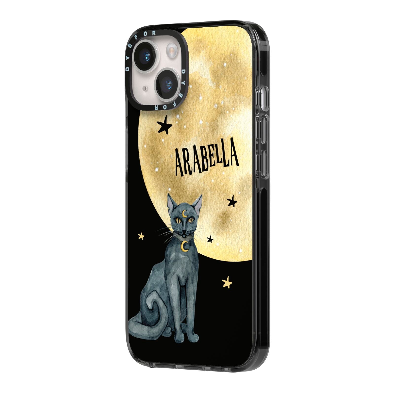 Personalised Moon Cat Halloween iPhone 14 Black Impact Case Side Angle on Silver phone