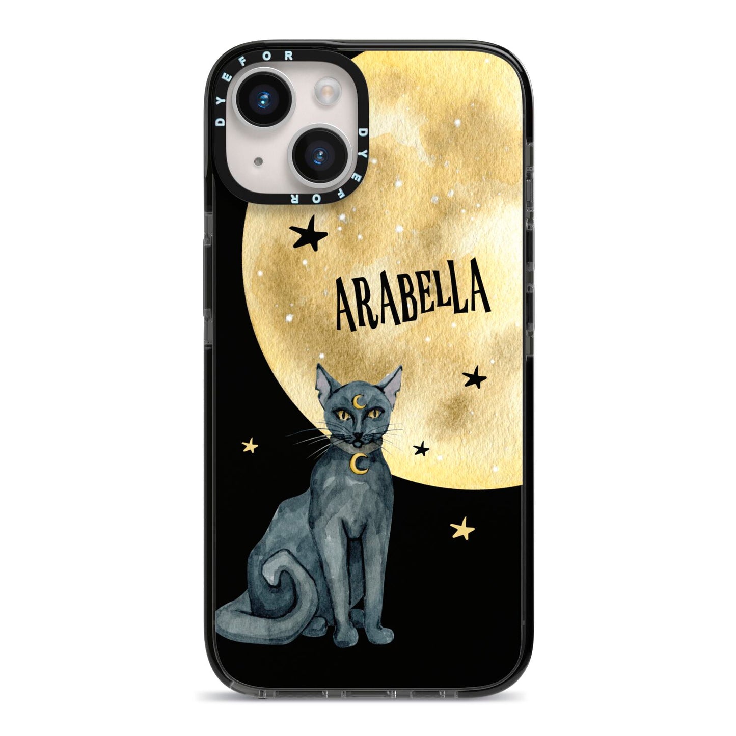 Personalised Moon Cat Halloween iPhone 14 Black Impact Case on Silver phone