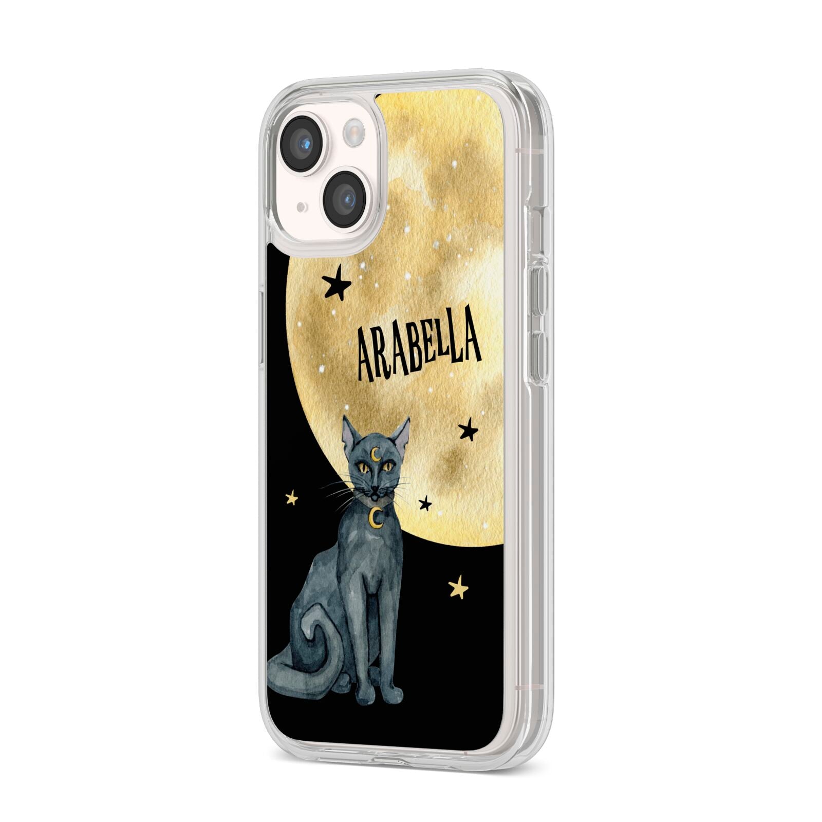 Personalised Moon Cat Halloween iPhone 14 Clear Tough Case Starlight Angled Image