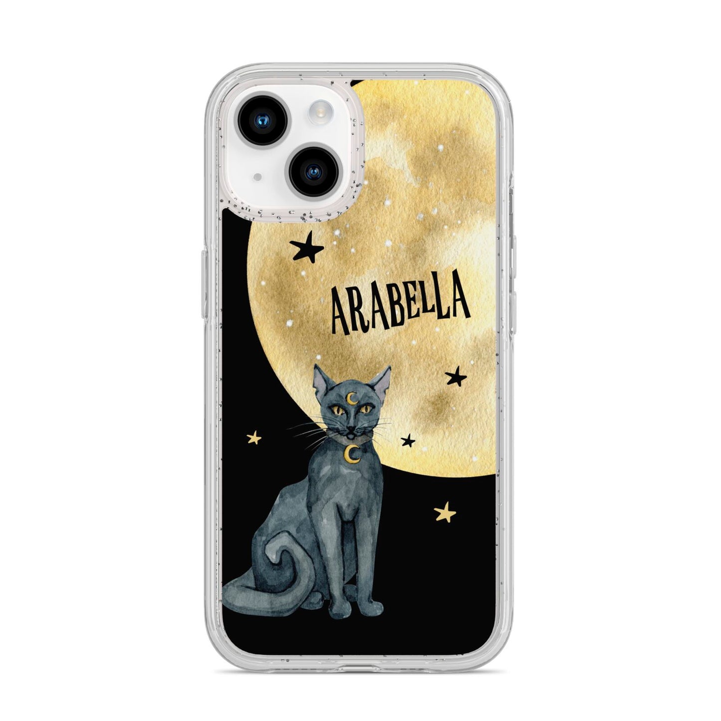 Personalised Moon Cat Halloween iPhone 14 Glitter Tough Case Starlight