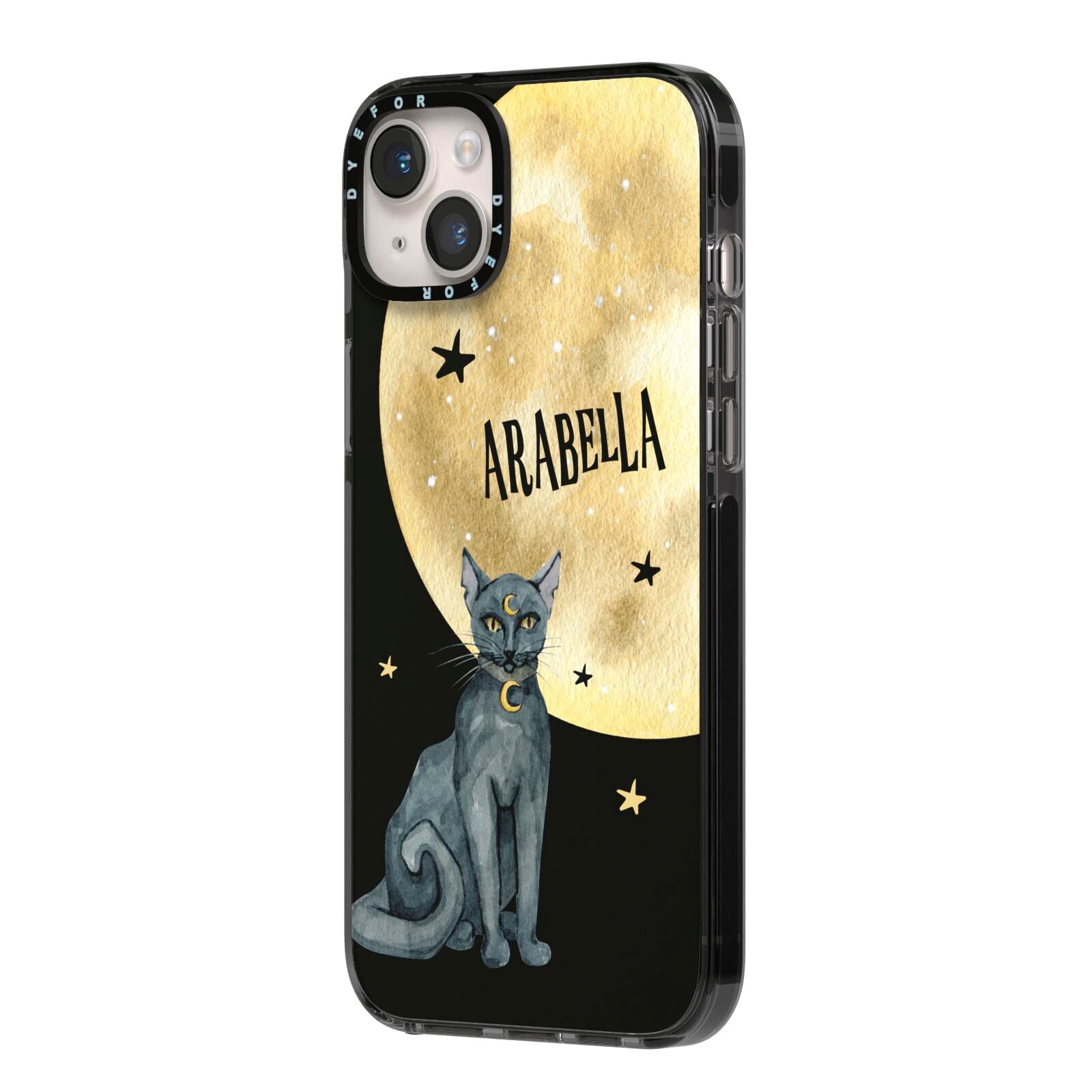 Personalised Moon Cat Halloween iPhone 14 Plus Black Impact Case Side Angle on Silver phone