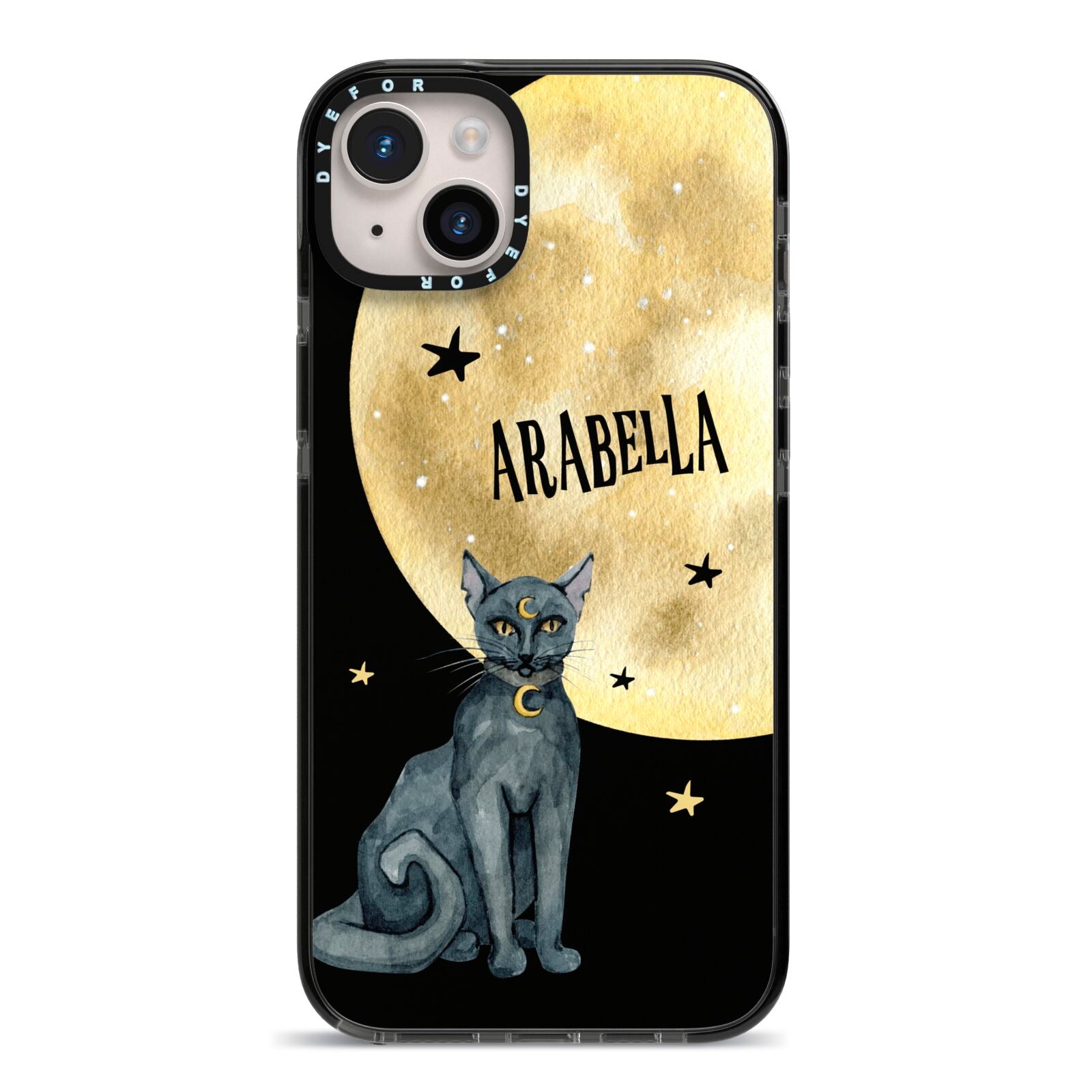 Personalised Moon Cat Halloween iPhone 14 Plus Black Impact Case on Silver phone