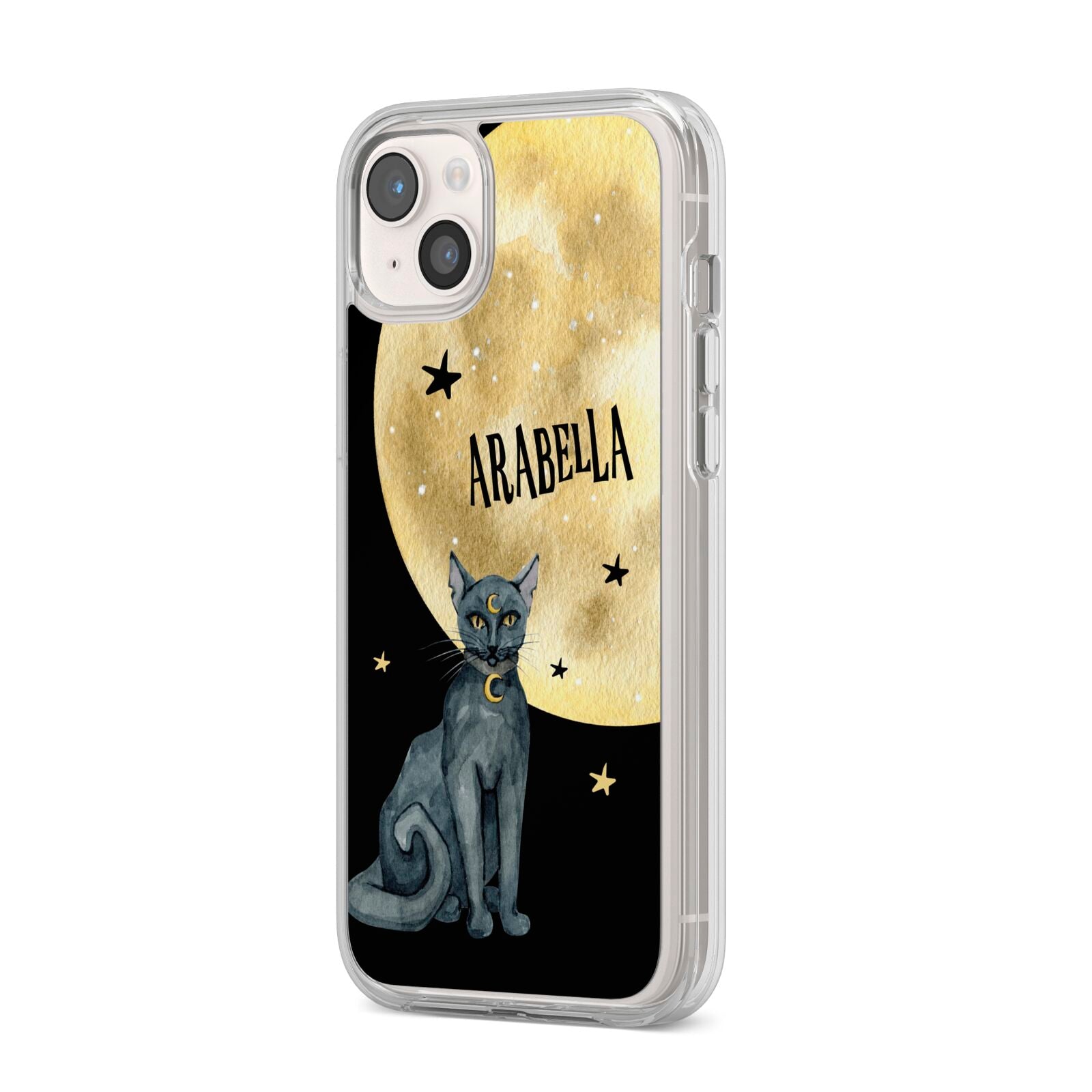 Personalised Moon Cat Halloween iPhone 14 Plus Clear Tough Case Starlight Angled Image