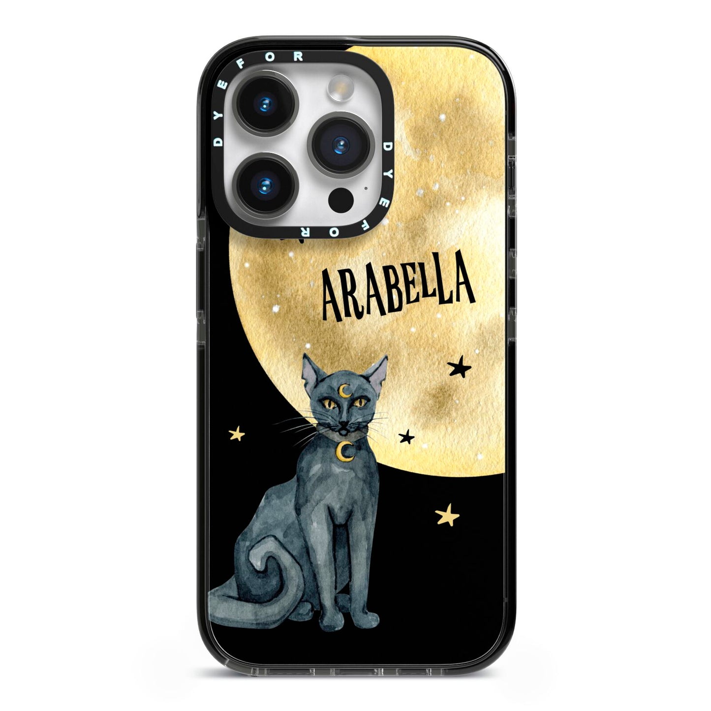 Personalised Moon Cat Halloween iPhone 14 Pro Black Impact Case on Silver phone