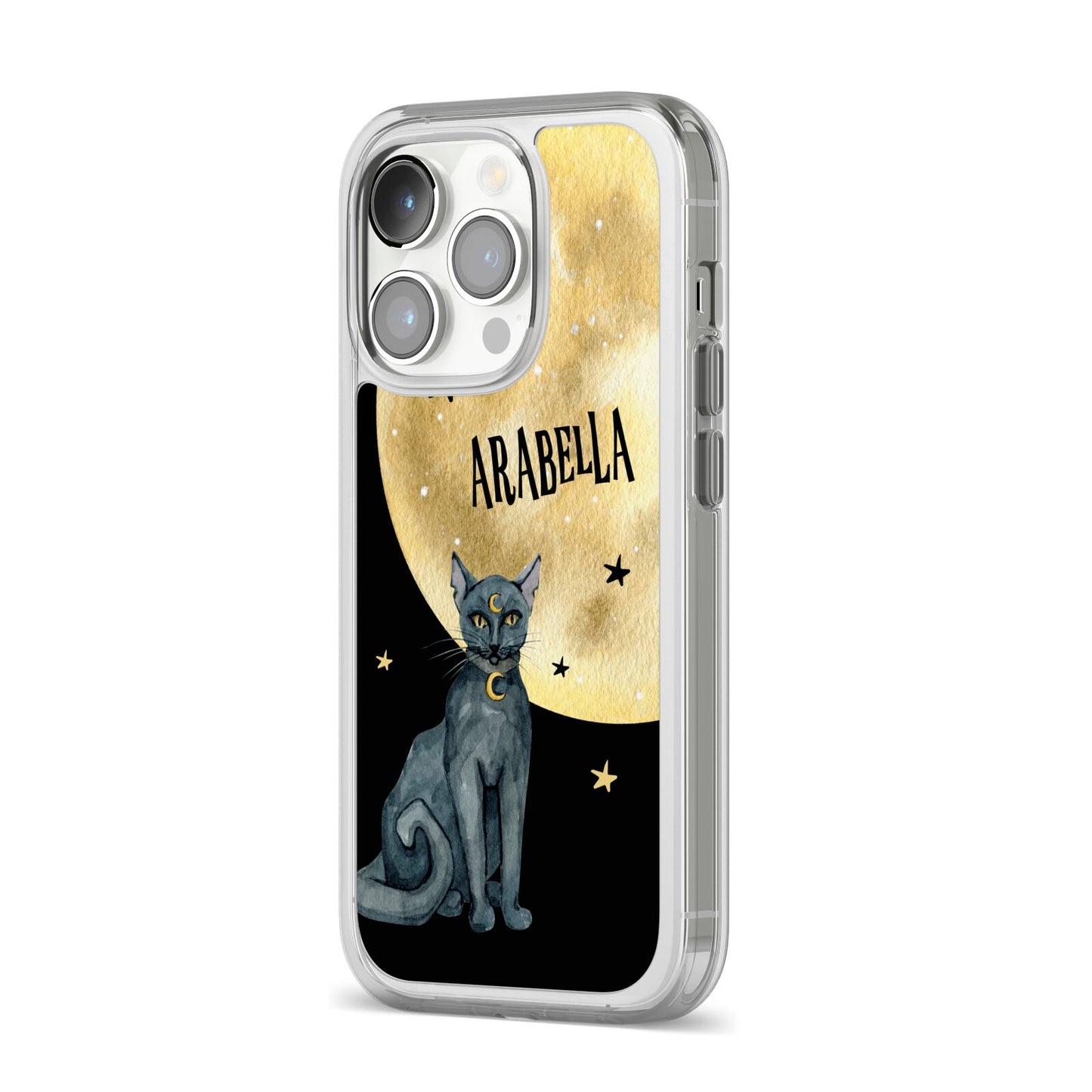 Personalised Moon Cat Halloween iPhone 14 Pro Clear Tough Case Silver Angled Image