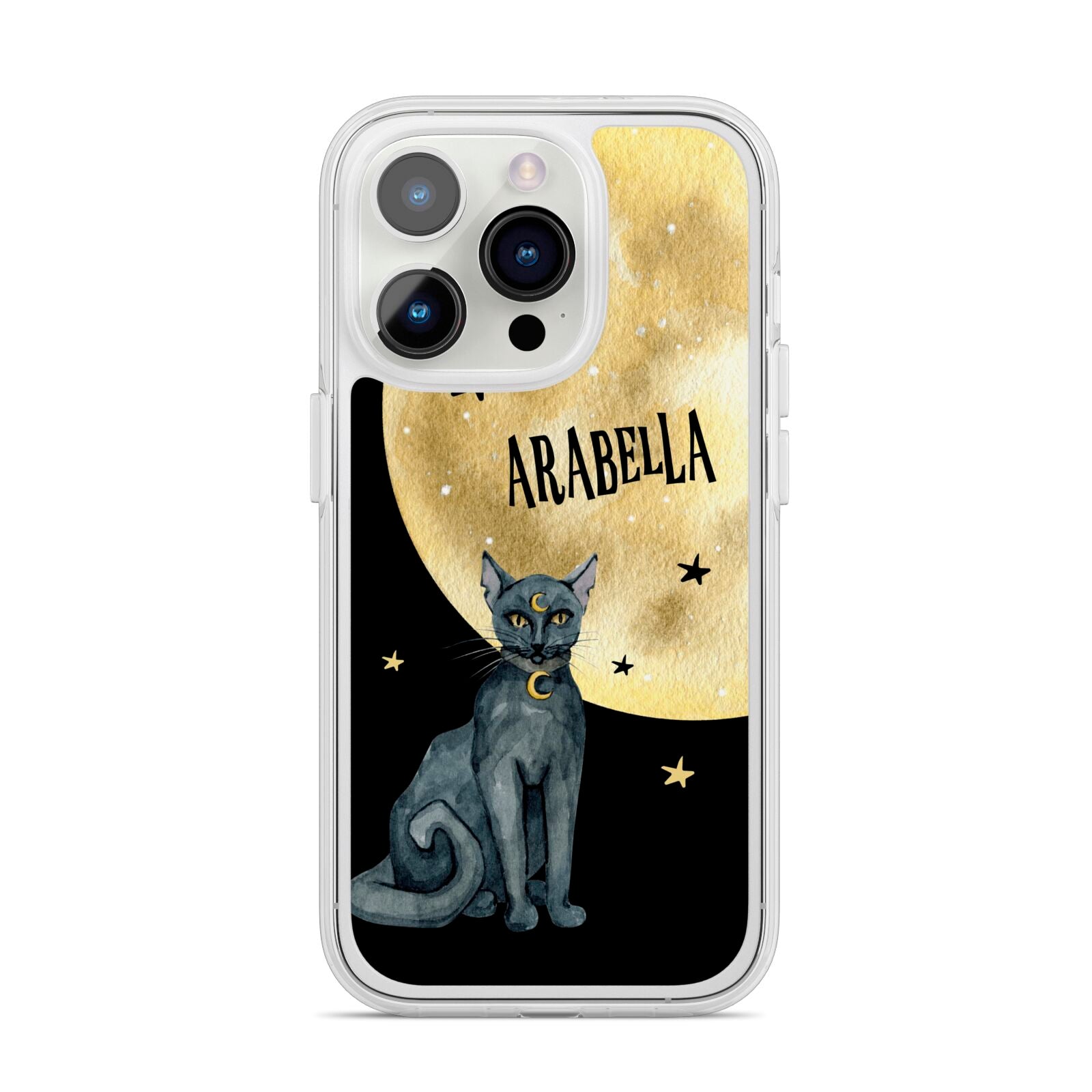 Personalised Moon Cat Halloween iPhone 14 Pro Clear Tough Case Silver