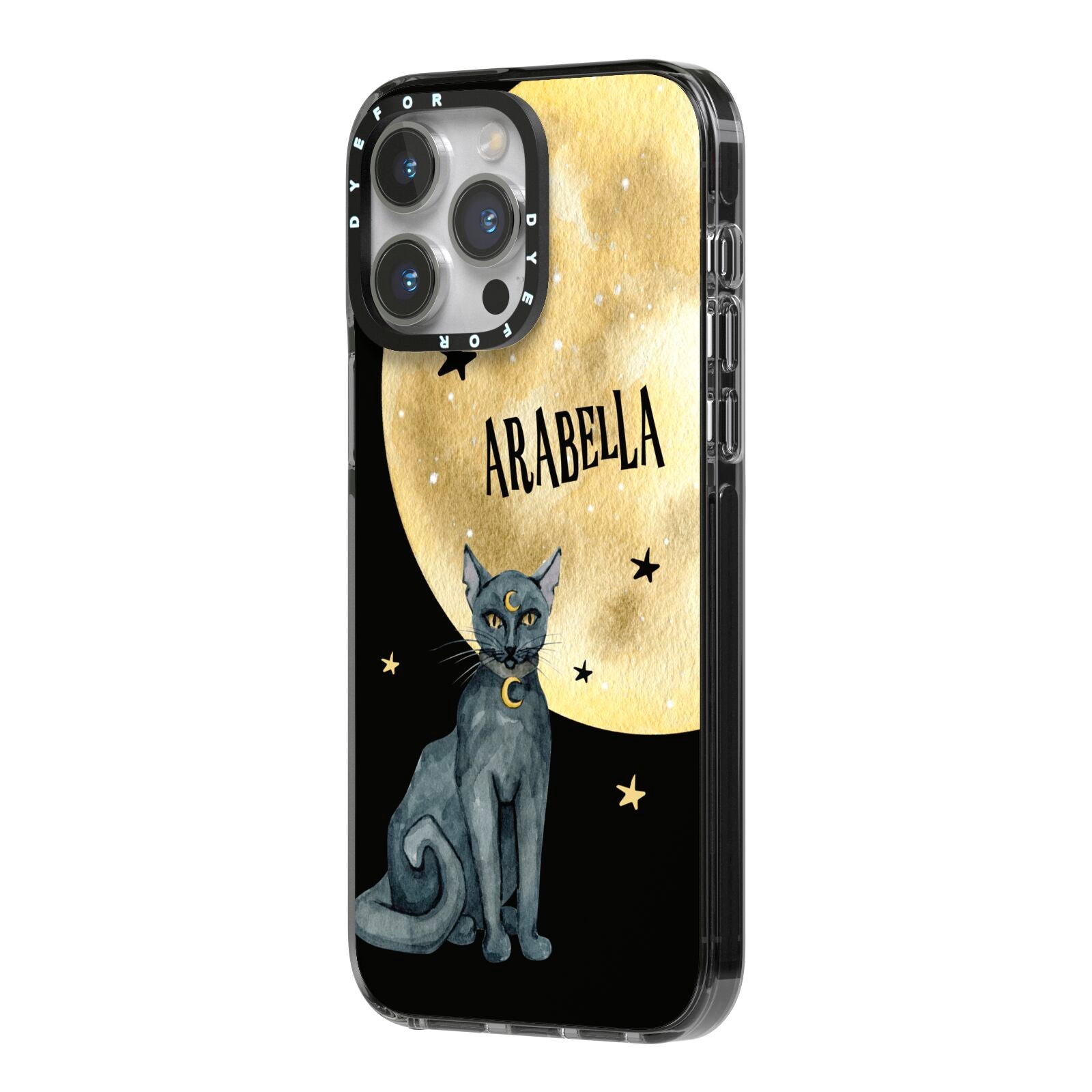 Personalised Moon Cat Halloween iPhone 14 Pro Max Black Impact Case Side Angle on Silver phone