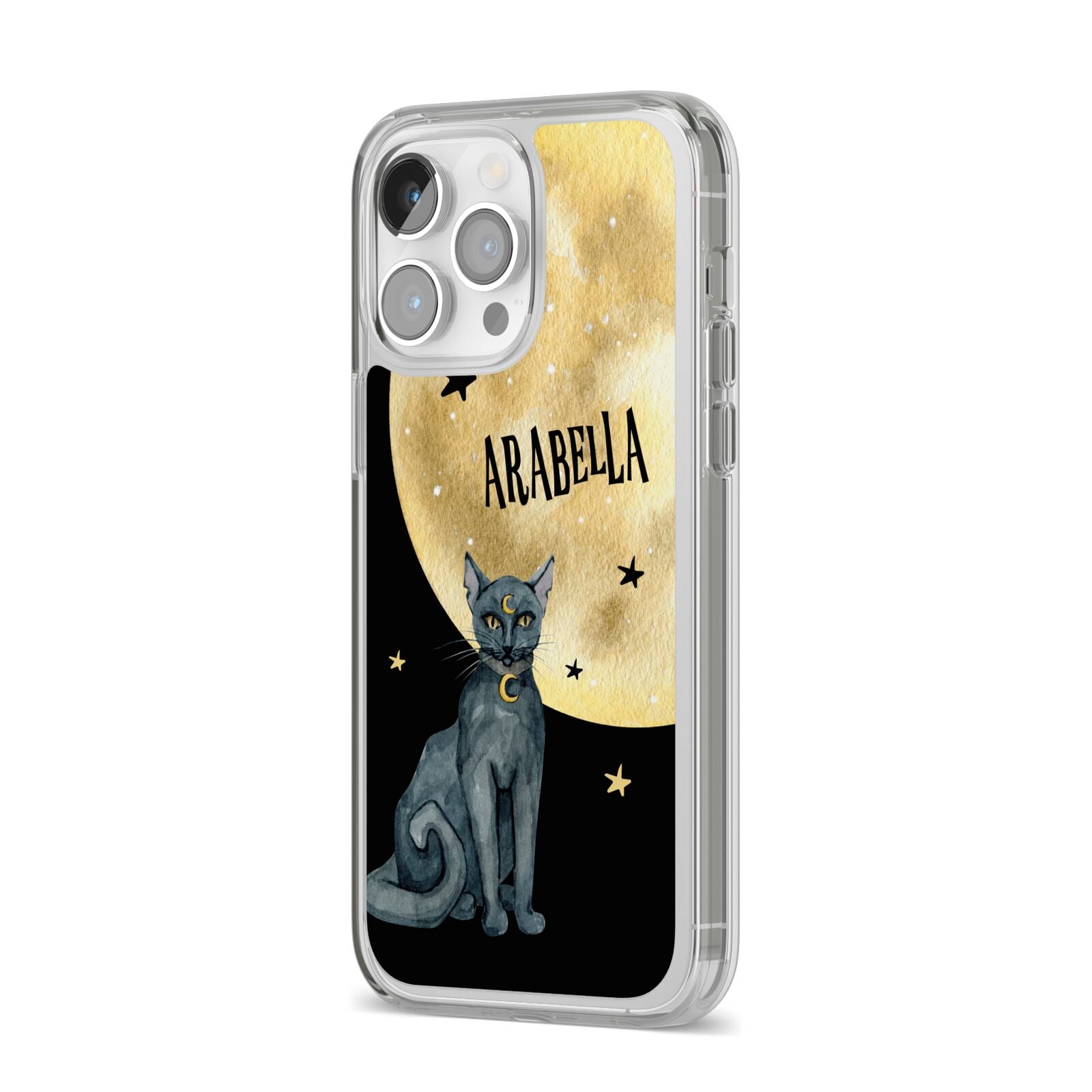 Personalised Moon Cat Halloween iPhone 14 Pro Max Clear Tough Case Silver Angled Image