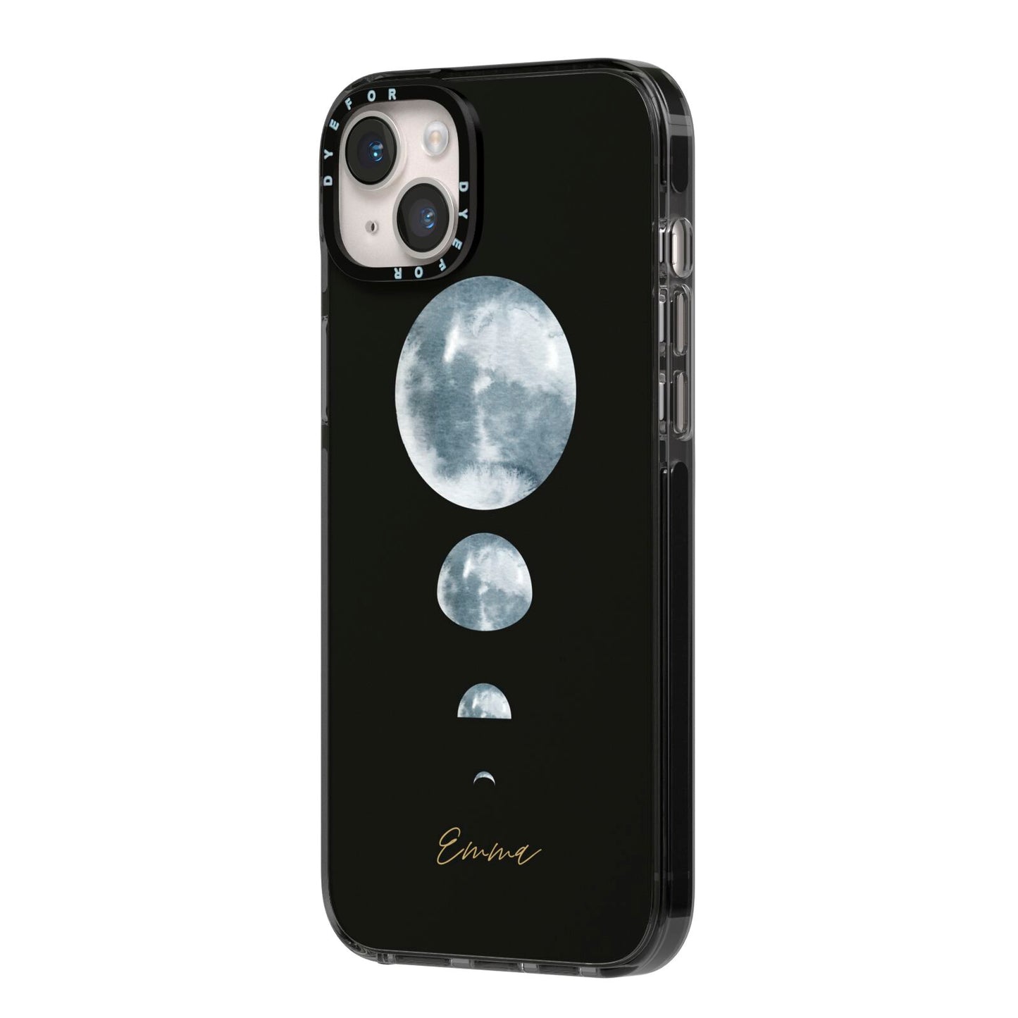 Personalised Moon Phases iPhone 14 Plus Black Impact Case Side Angle on Silver phone