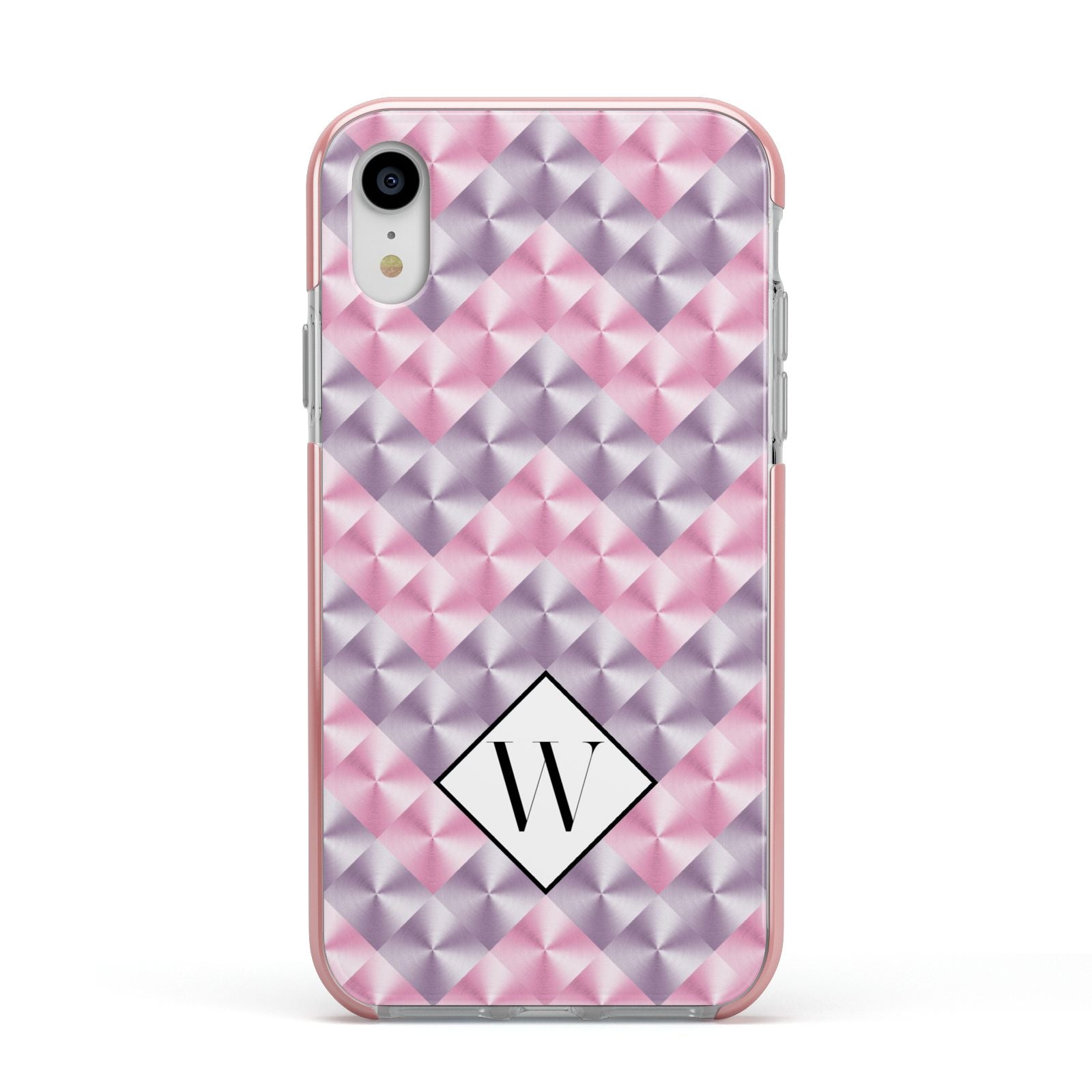 Personalised Mother Of Pearl Monogram Letter Apple iPhone XR Impact Case Pink Edge on Silver Phone