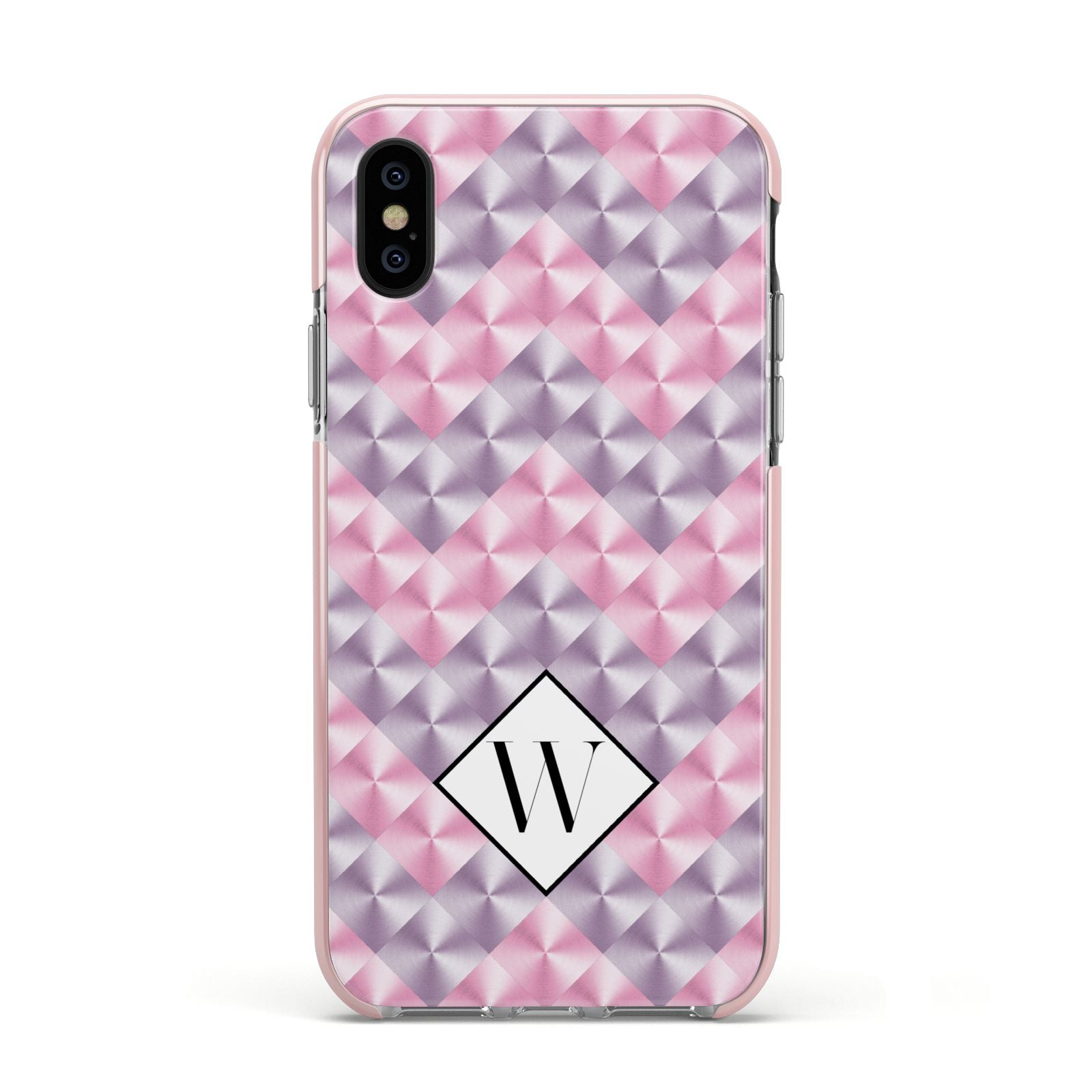 Personalised Mother Of Pearl Monogram Letter Apple iPhone Xs Impact Case Pink Edge on Black Phone