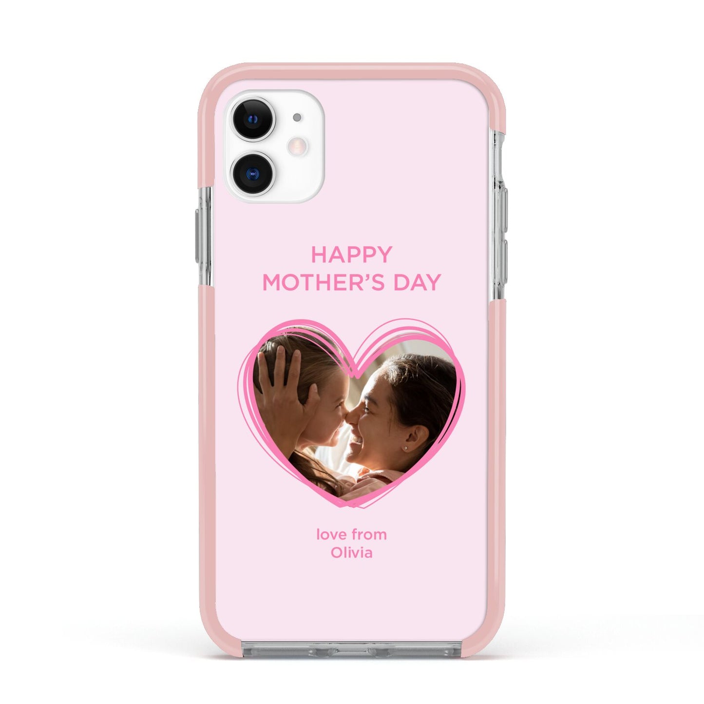 Personalised Mothers Day Photo Name Apple iPhone 11 in White with Pink Impact Case