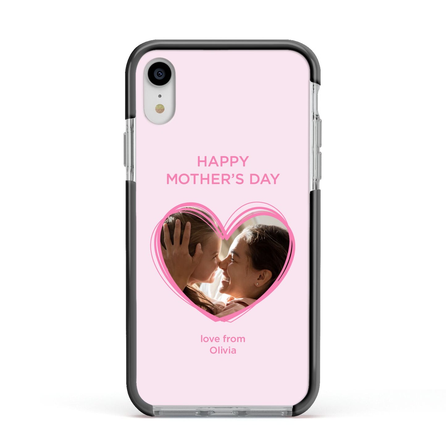 Personalised Mothers Day Photo Name Apple iPhone XR Impact Case Black Edge on Silver Phone