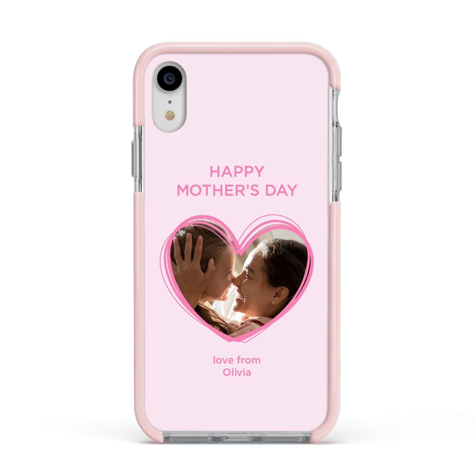 Personalised Mothers Day Photo Name Apple iPhone XR Impact Case Pink Edge on Silver Phone