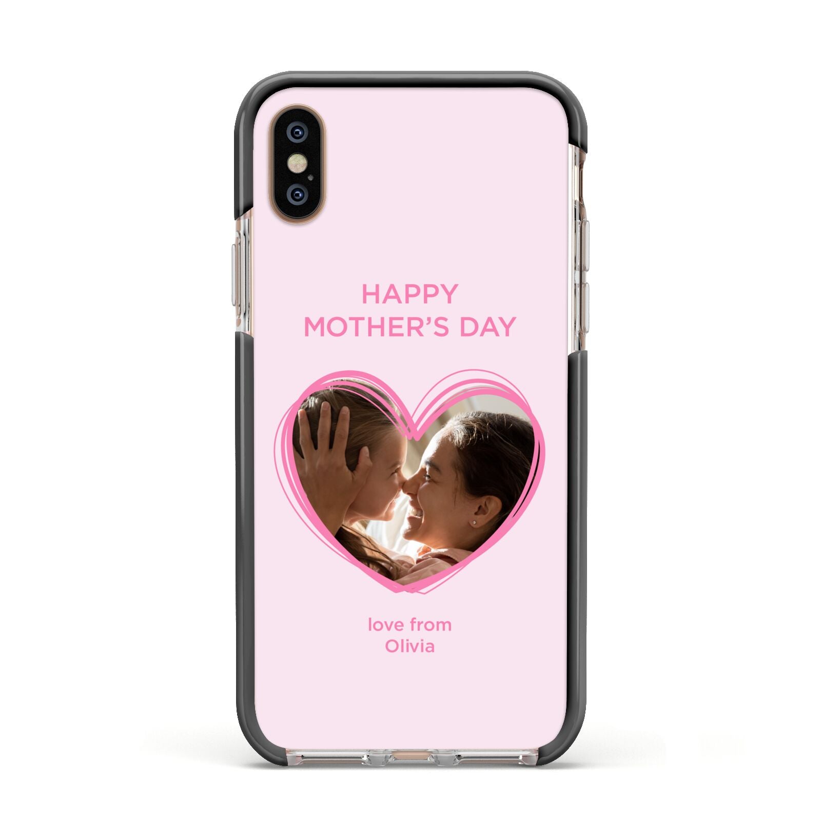 Personalised Mothers Day Photo Name Apple iPhone Xs Impact Case Black Edge on Gold Phone