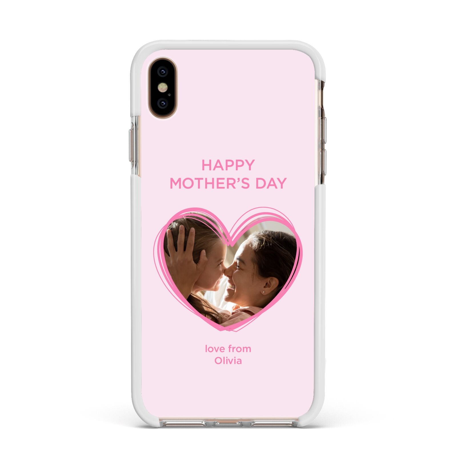 Personalised Mothers Day Photo Name Apple iPhone Xs Max Impact Case White Edge on Gold Phone