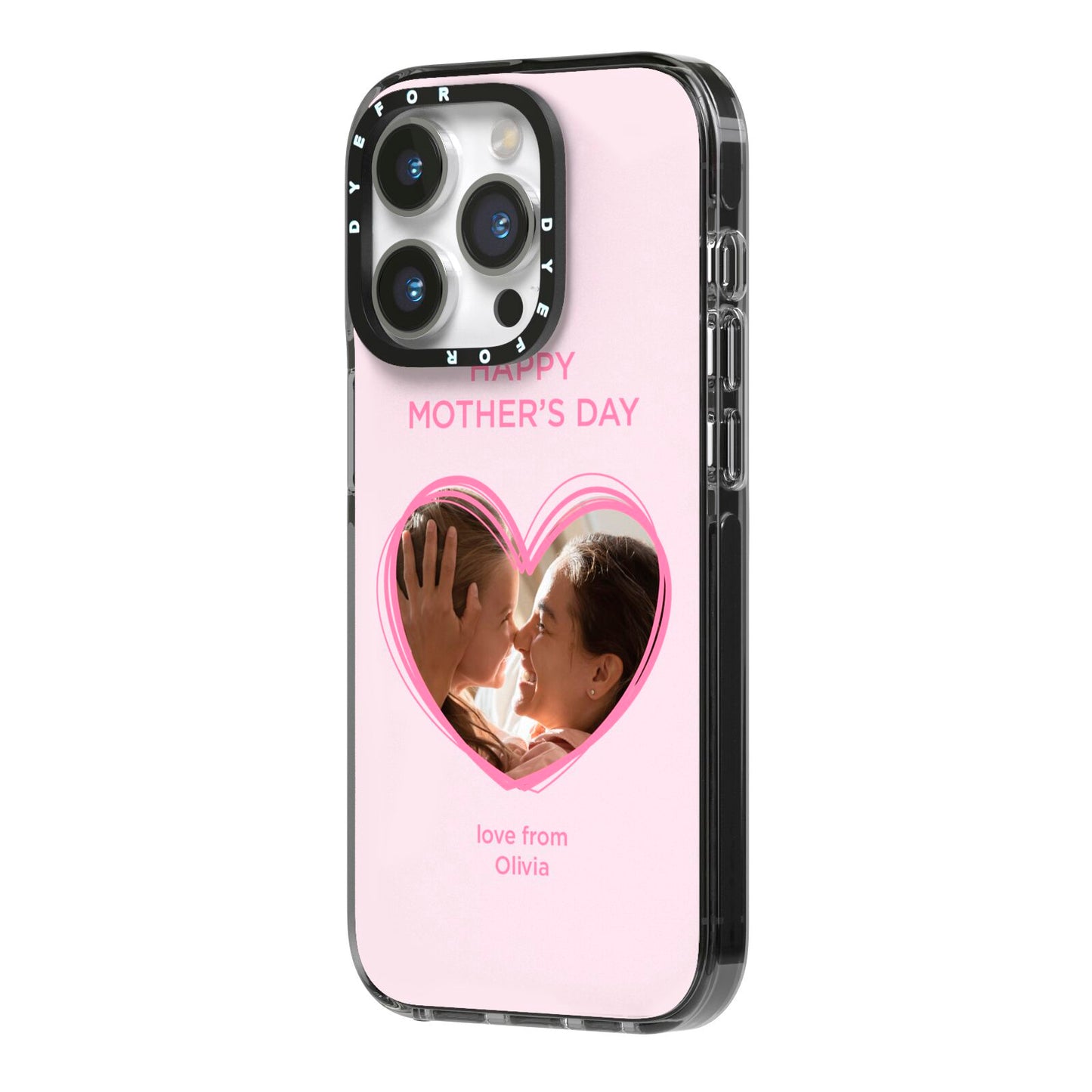 Personalised Mothers Day Photo Name iPhone 14 Pro Black Impact Case Side Angle on Silver phone