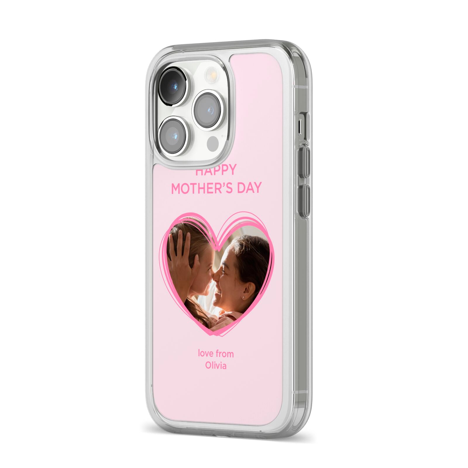 Personalised Mothers Day Photo Name iPhone 14 Pro Clear Tough Case Silver Angled Image