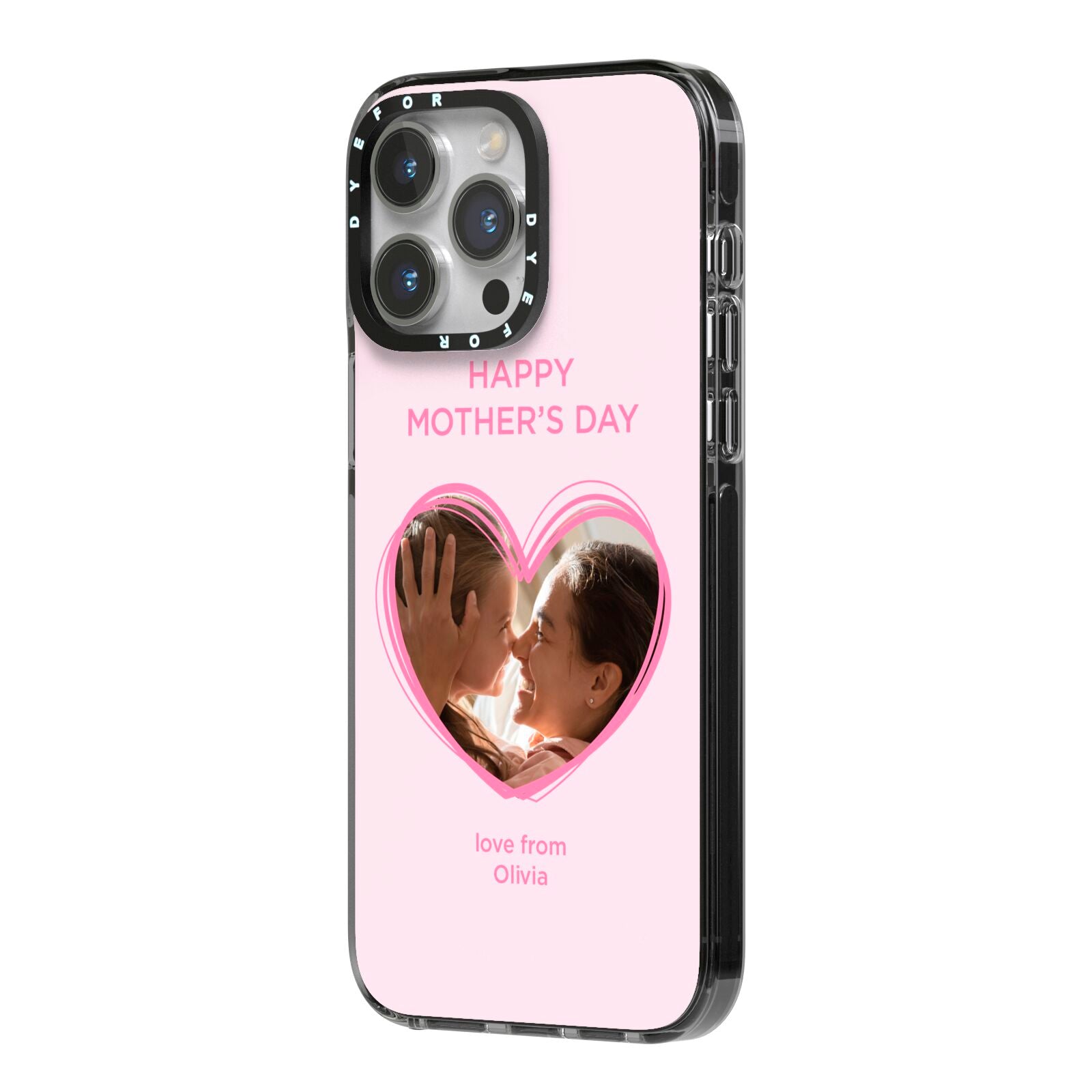 Personalised Mothers Day Photo Name iPhone 14 Pro Max Black Impact Case Side Angle on Silver phone