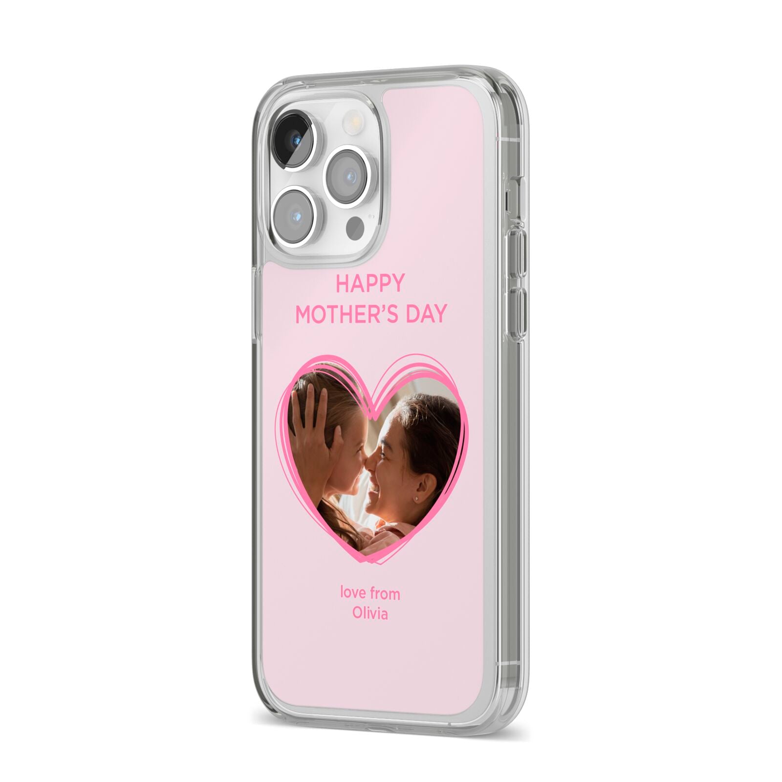 Personalised Mothers Day Photo Name iPhone 14 Pro Max Clear Tough Case Silver Angled Image