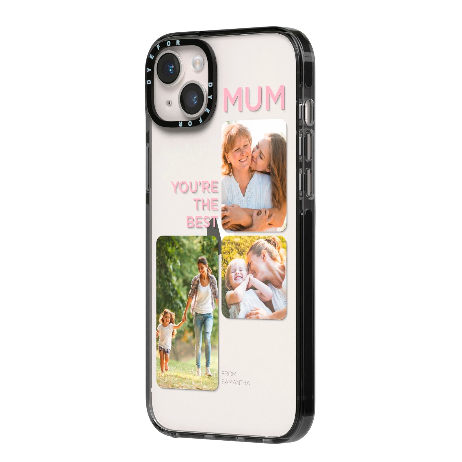 Personalised Mothers Day iPhone 14 Plus Black Impact Case Side Angle on Silver phone