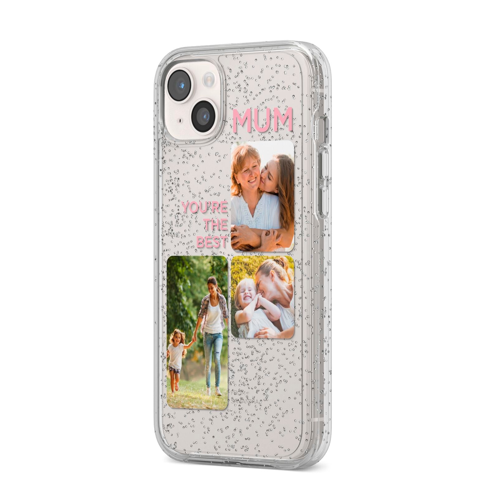 Personalised Mothers Day iPhone 14 Plus Glitter Tough Case Starlight Angled Image