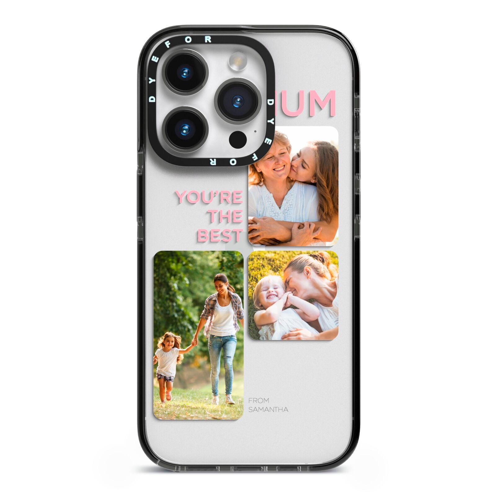 Personalised Mothers Day iPhone 14 Pro Black Impact Case on Silver phone