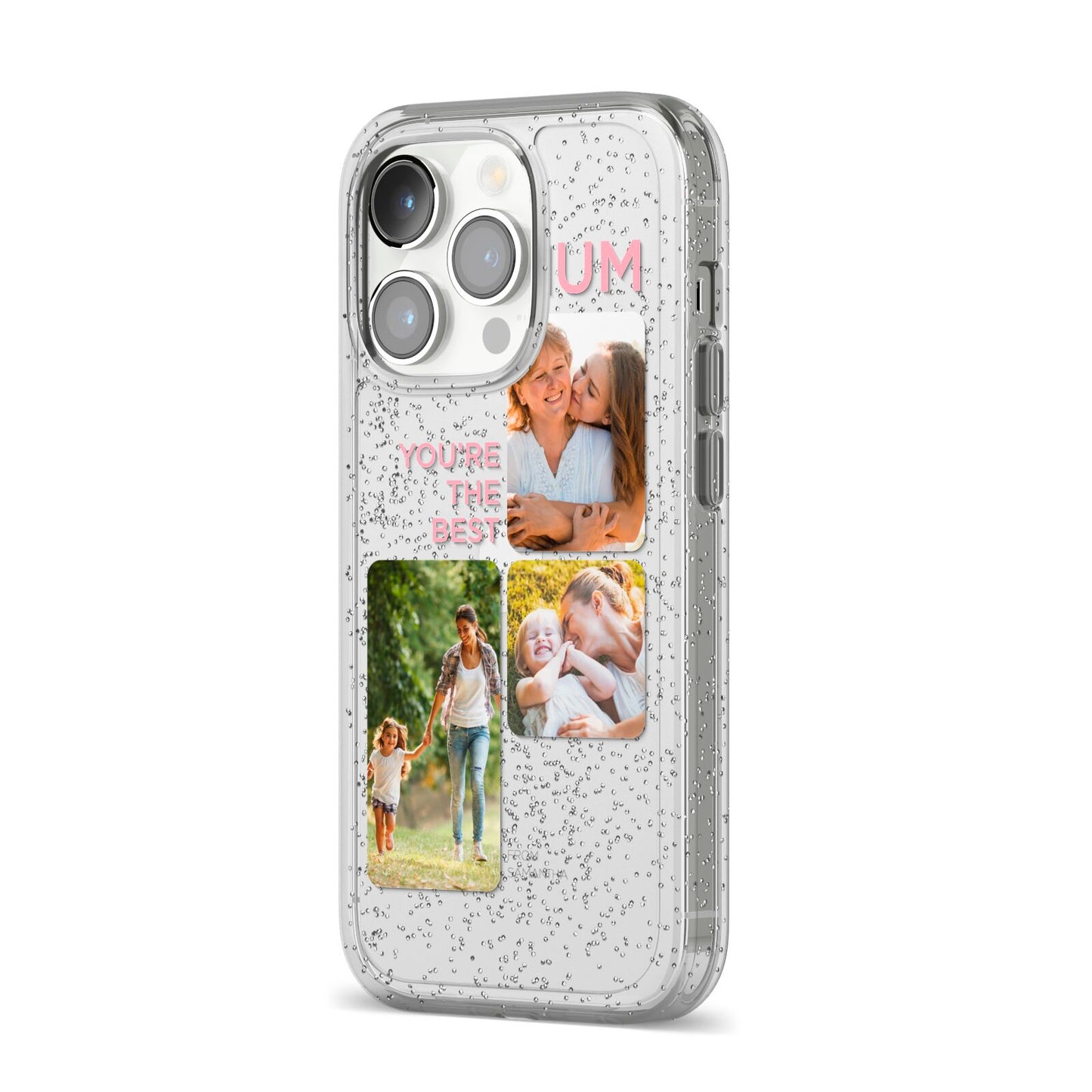 Personalised Mothers Day iPhone 14 Pro Glitter Tough Case Silver Angled Image